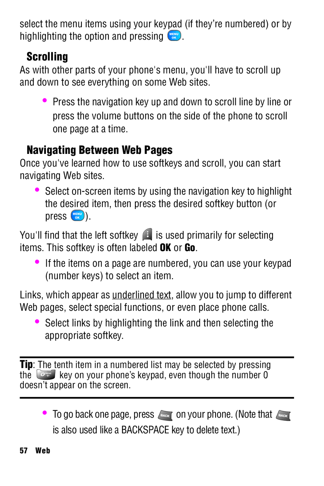 Samsung SPH-A920 manual Scrolling, Navigating Between Web Pages, Highlighting the option and pressing 