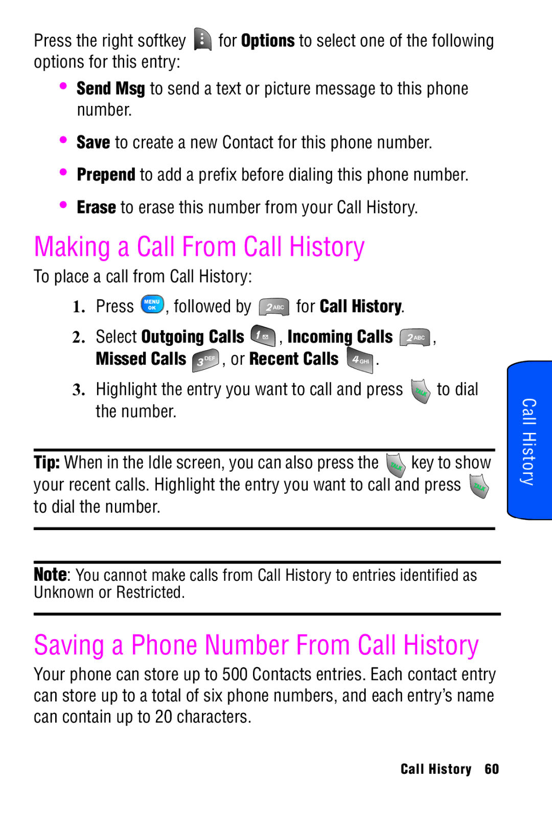 Samsung SPH-A920 manual Making a Call From Call History, Erase to erase this number from your Call History 