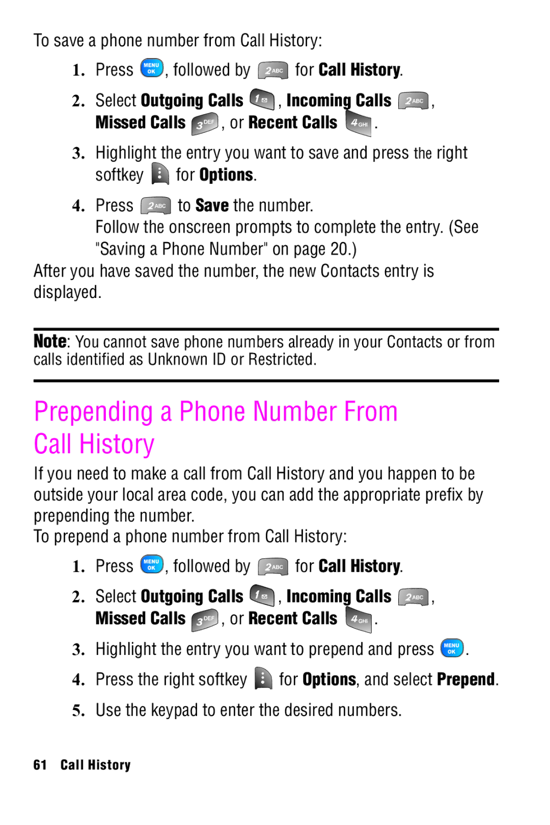 Samsung SPH-A920 manual Prepending a Phone Number From Call History 