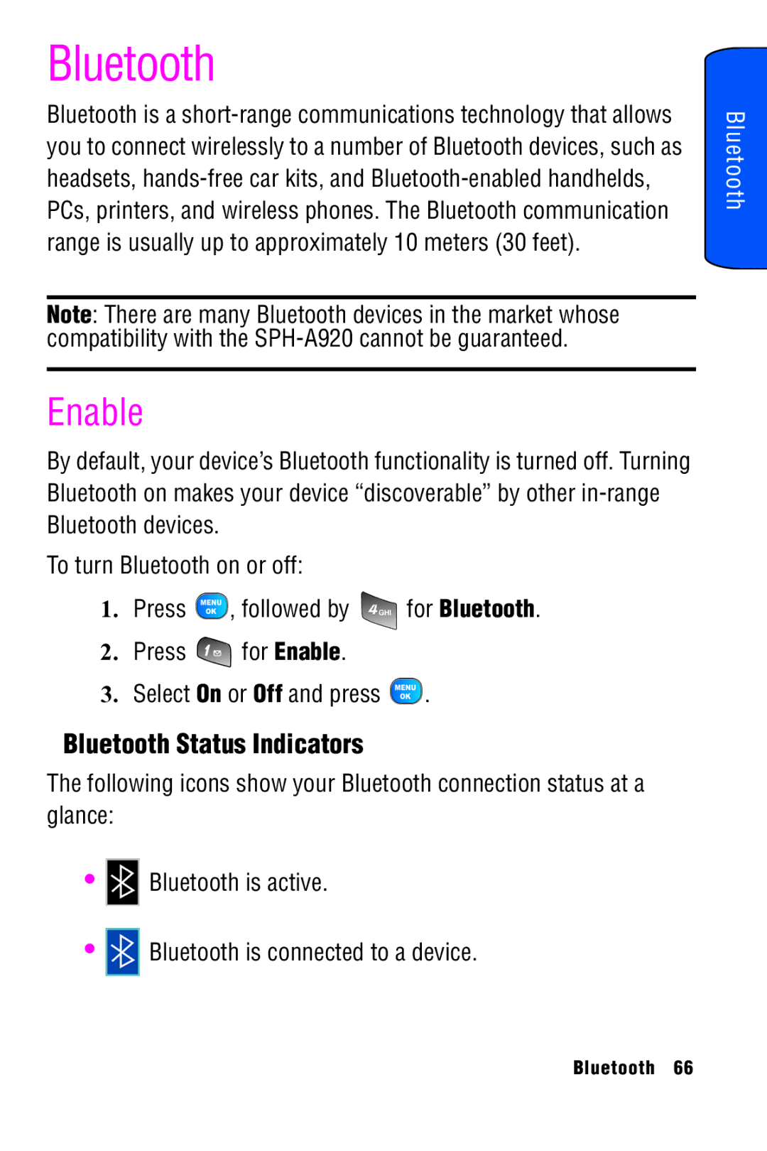 Samsung SPH-A920 manual Enable, Bluetooth Status Indicators 