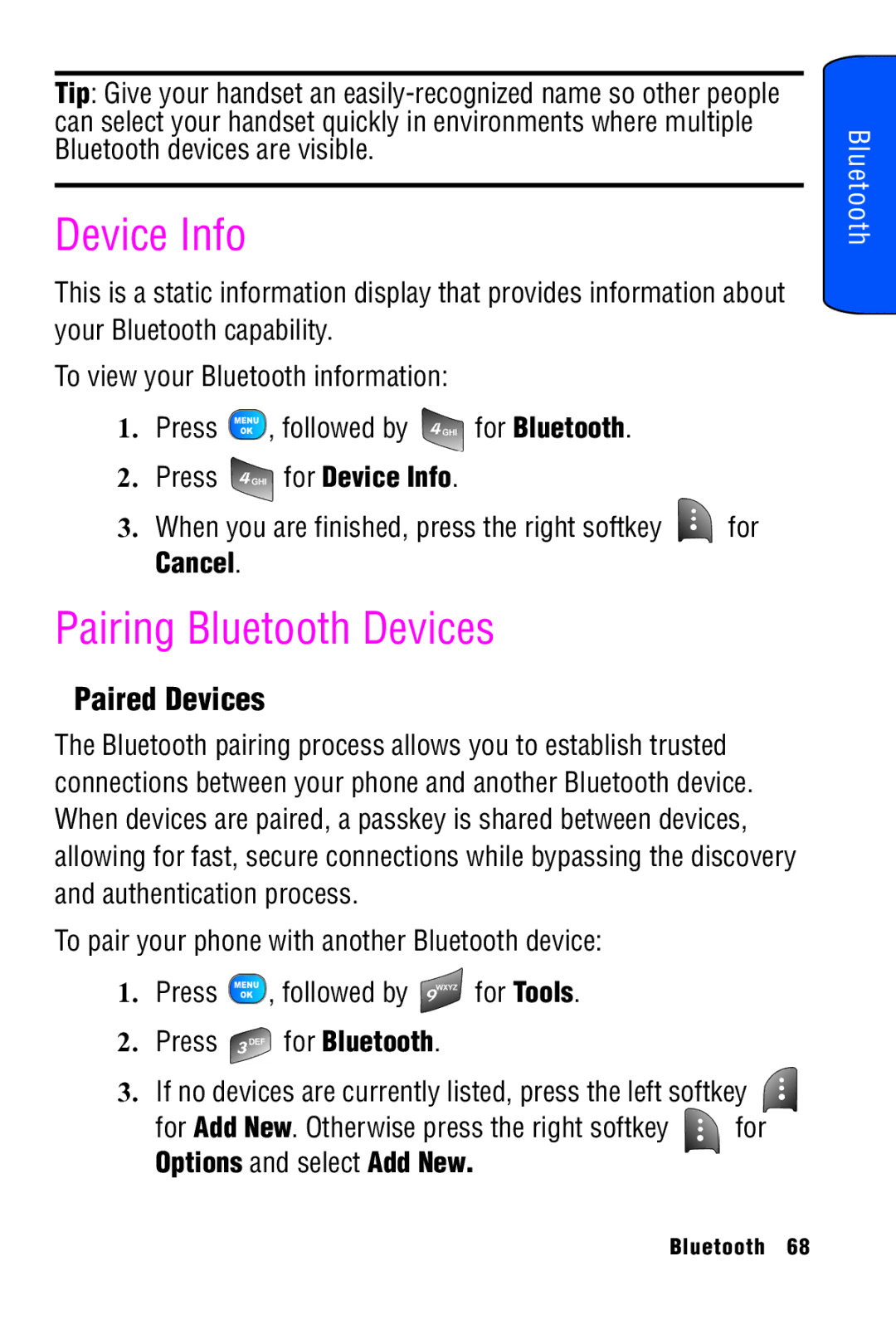 Samsung SPH-A920 manual Device Info, Pairing Bluetooth Devices, Paired Devices 