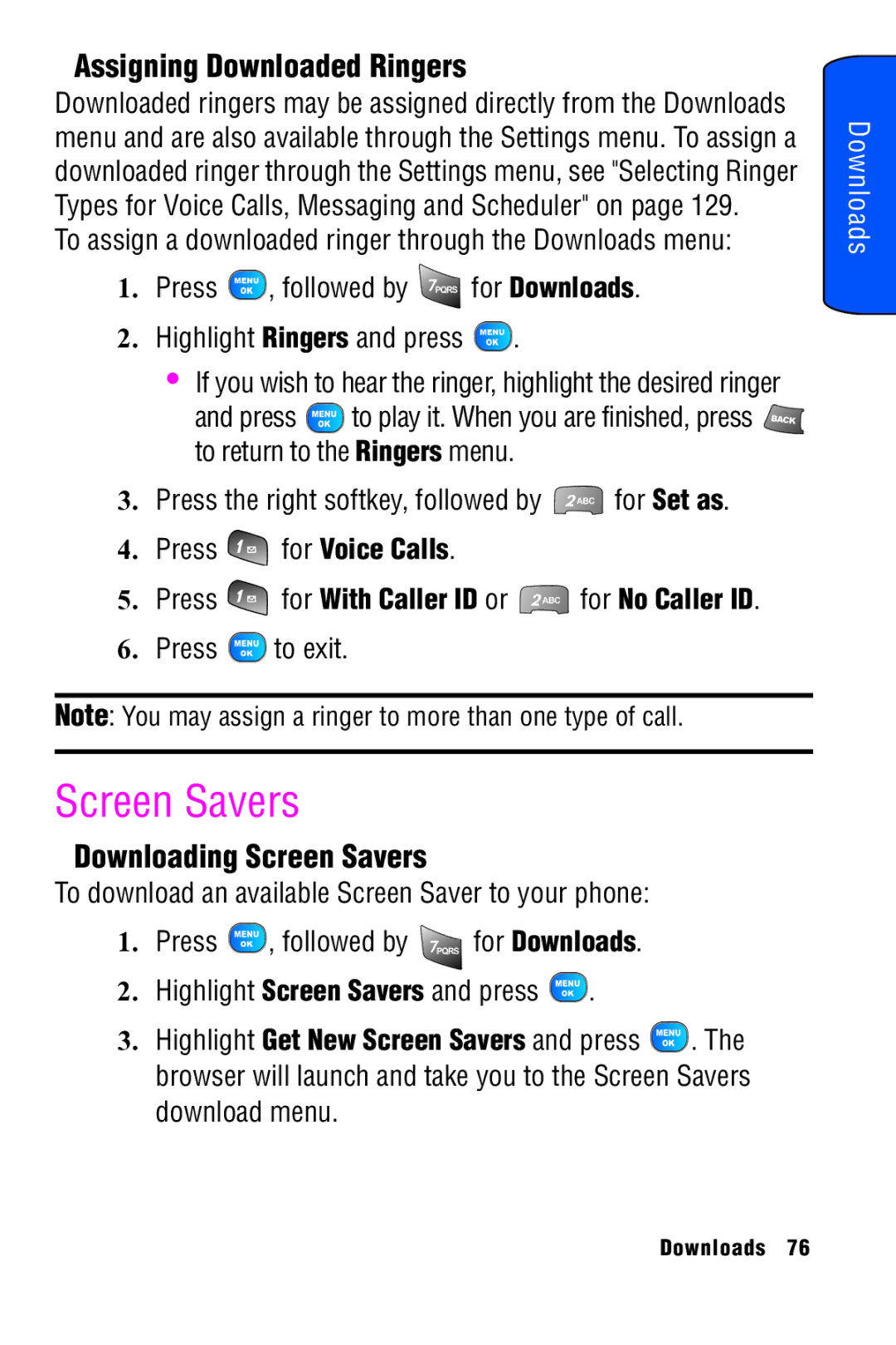 Samsung SPH-A920 Assigning Downloaded Ringers, Downloading Screen Savers, Press for With Caller ID or for No Caller ID 