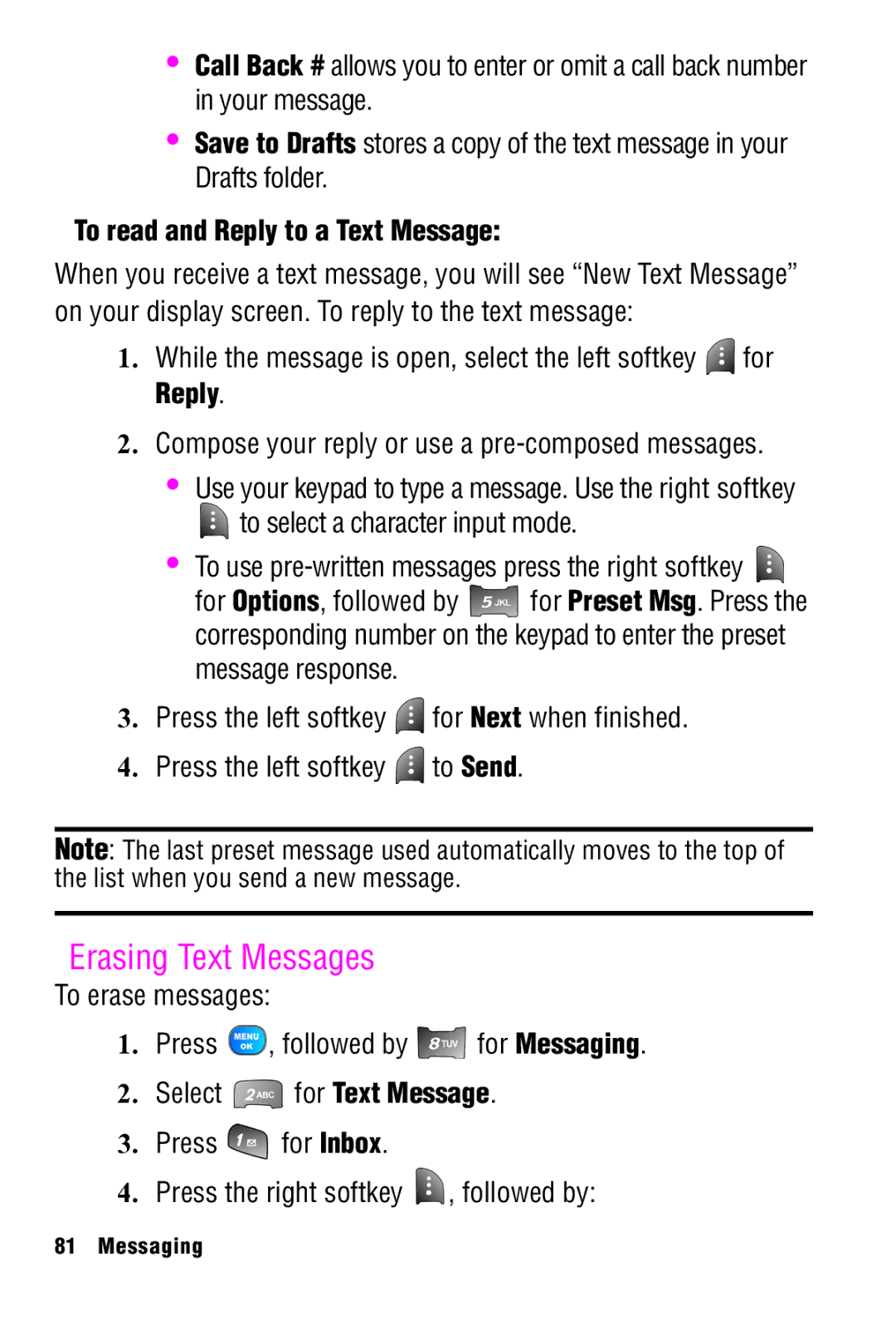 Samsung SPH-A920 manual Erasing Text Messages, To read and Reply to a Text Message 