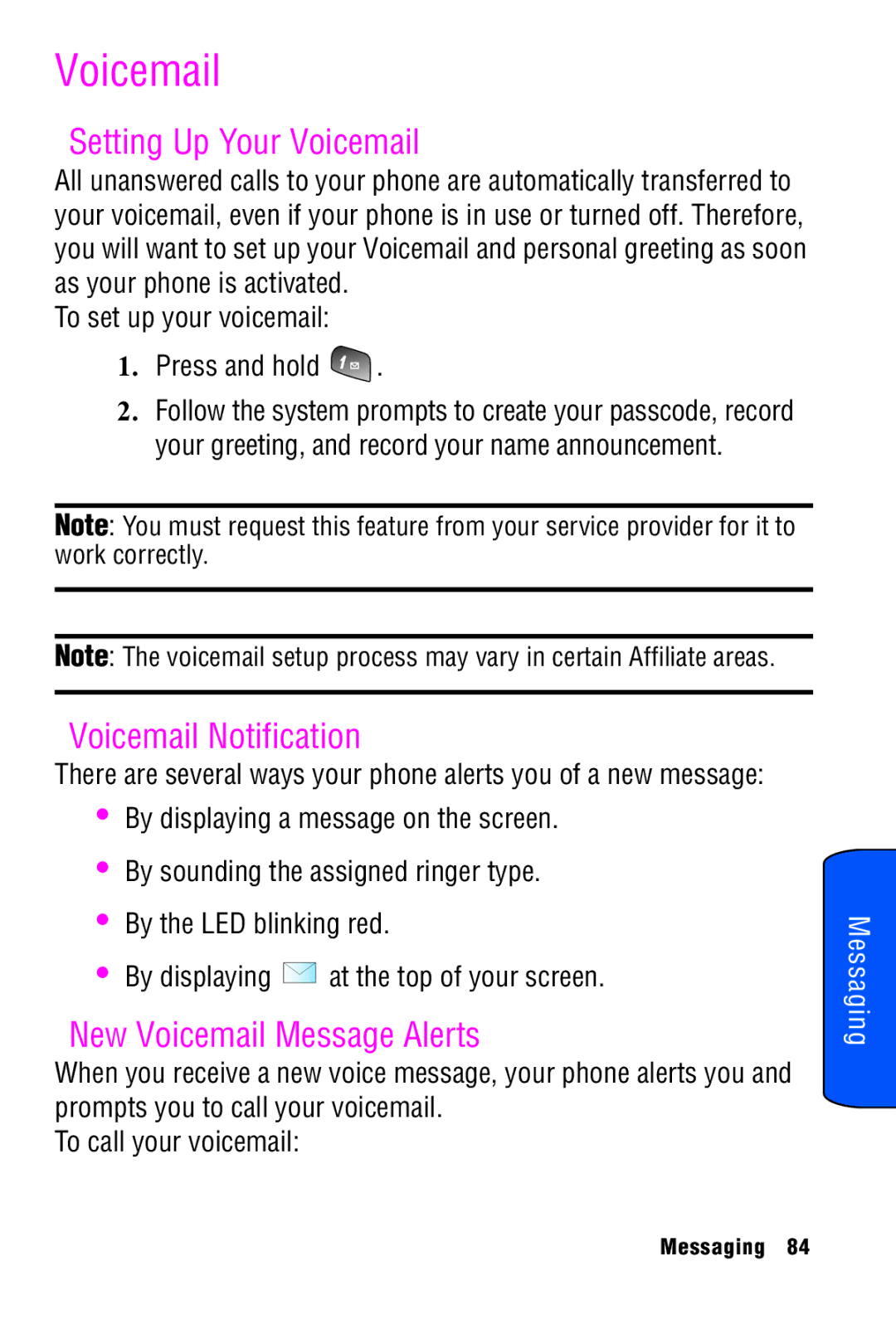 Samsung SPH-A920 manual Setting Up Your Voicemail, Voicemail Notification, New Voicemail Message Alerts 