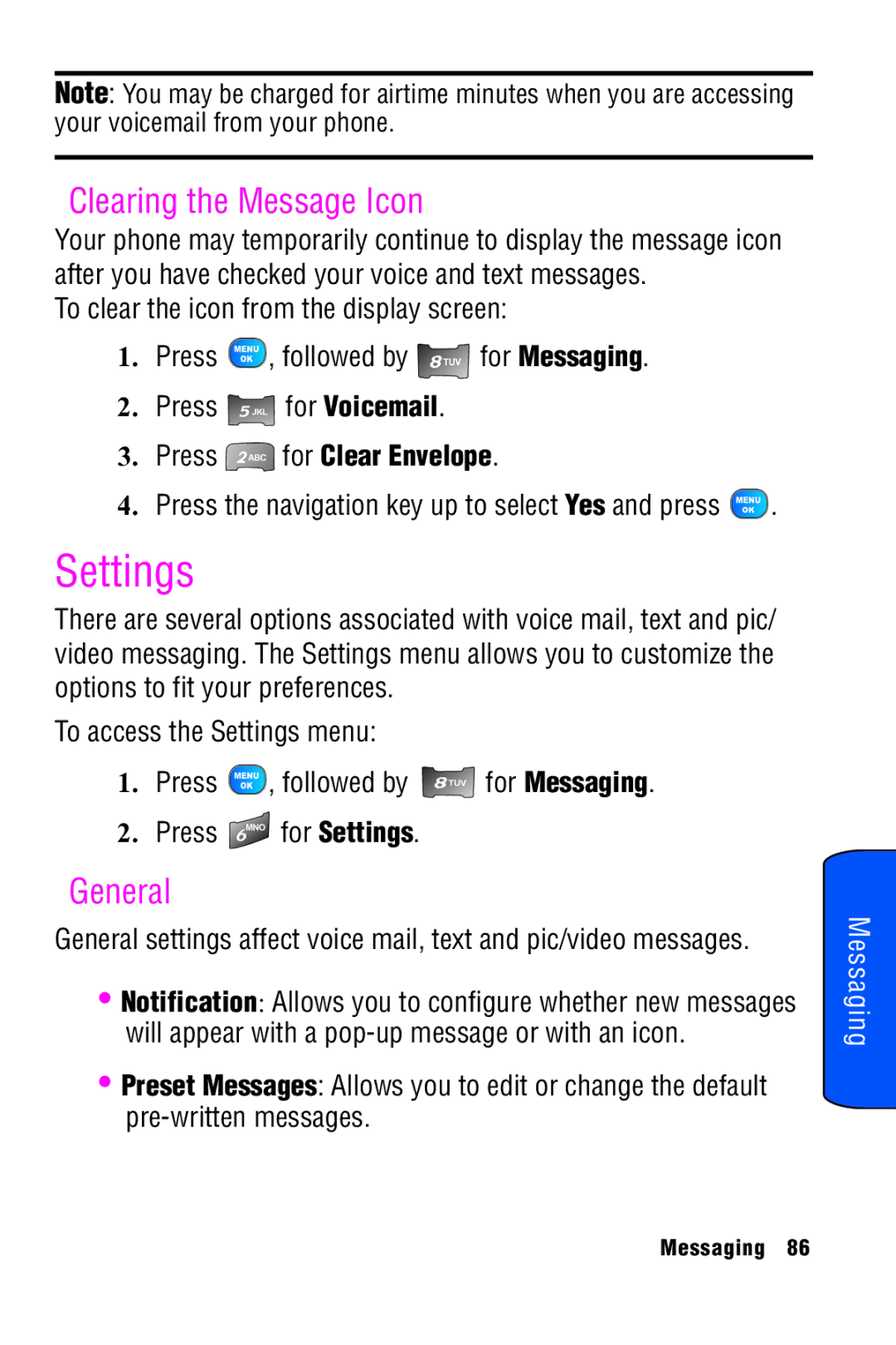 Samsung SPH-A920 manual Settings, Clearing the Message Icon, General, Press for Clear Envelope 