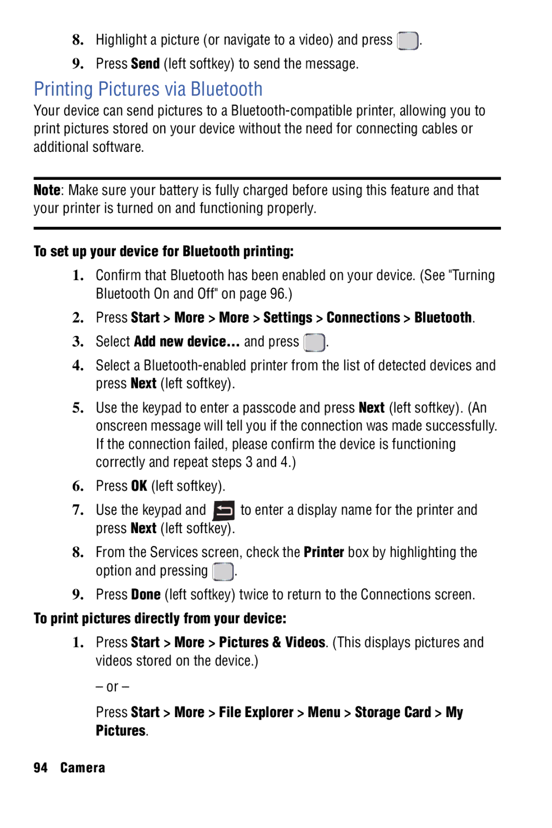 Samsung SPH-I325 manual Printing Pictures via Bluetooth, To set up your device for Bluetooth printing 