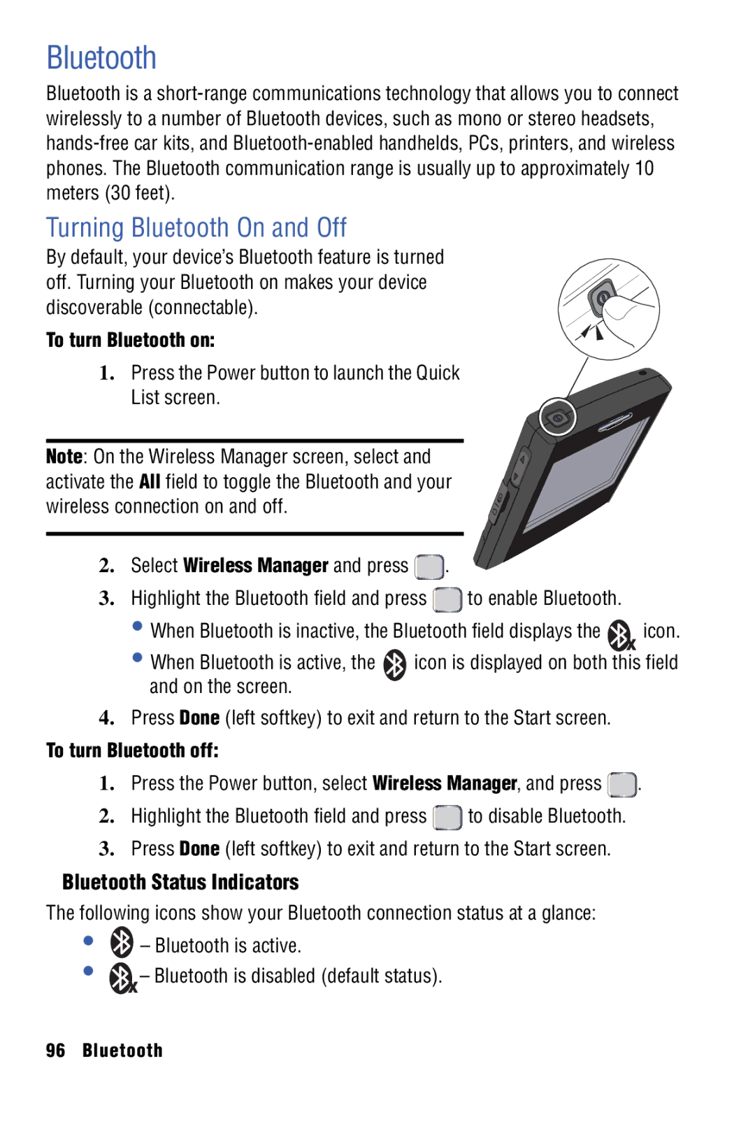 Samsung SPH-I325 manual Turning Bluetooth On and Off, Bluetooth Status Indicators, To turn Bluetooth on 