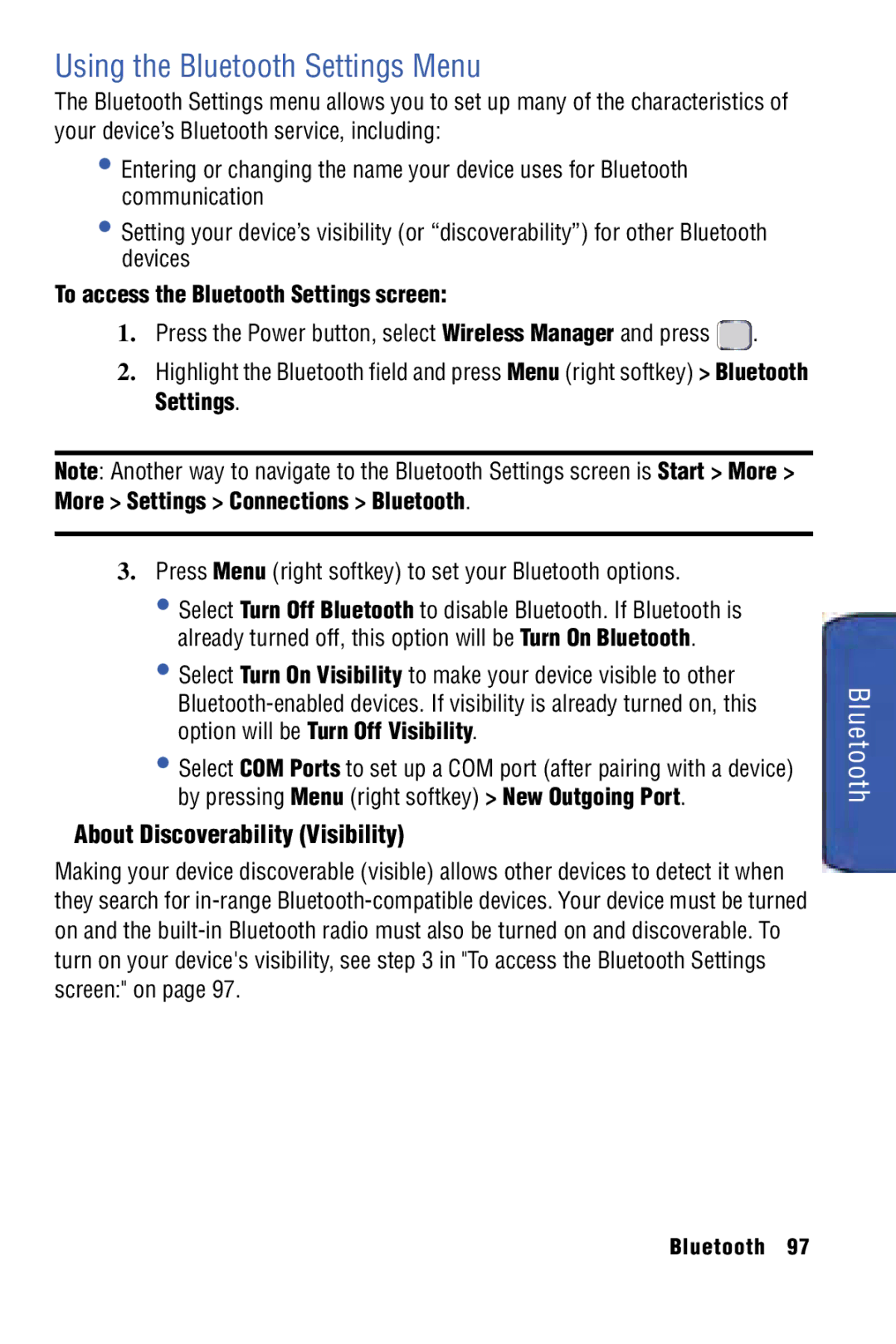 Samsung SPH-I325 manual Using the Bluetooth Settings Menu, About Discoverability Visibility 