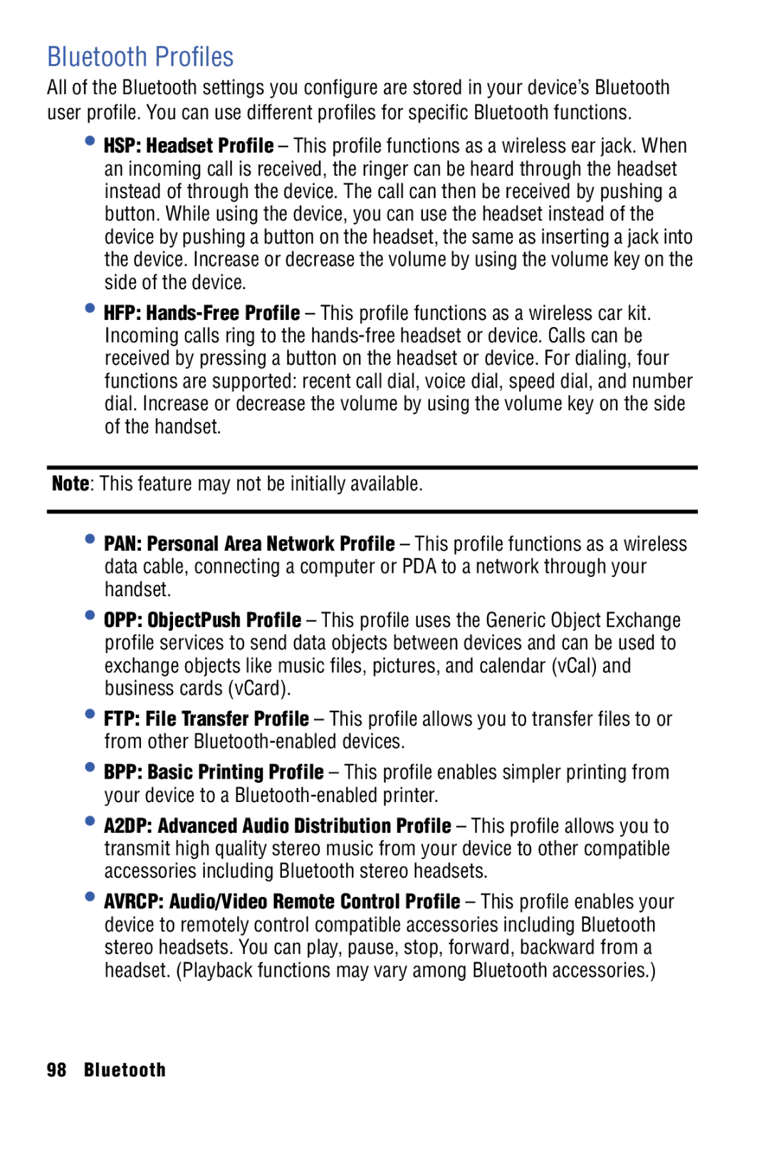 Samsung SPH-I325 manual Bluetooth Profiles 