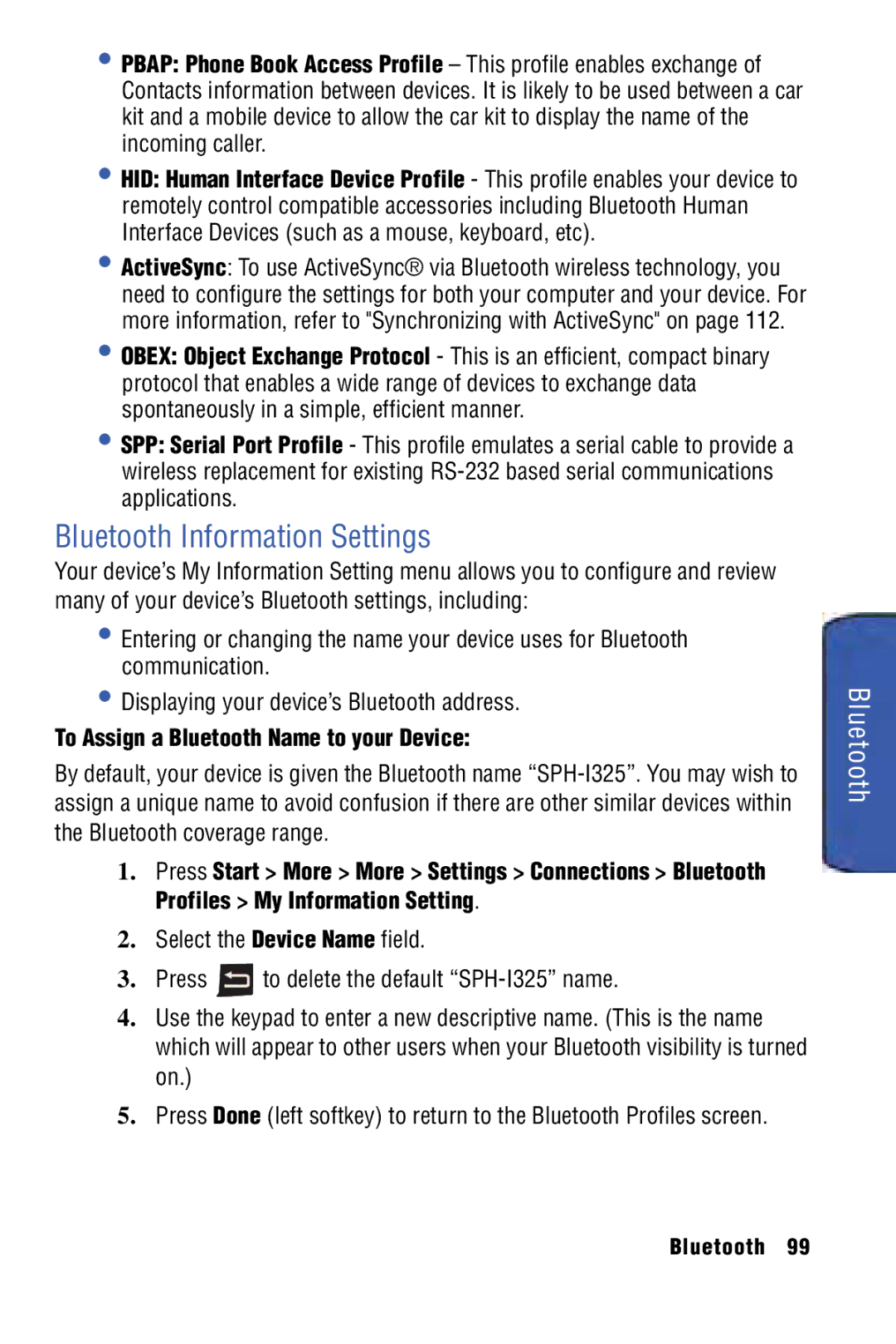 Samsung SPH-I325 manual Bluetooth Information Settings, To Assign a Bluetooth Name to your Device, Bluetooth coverage range 