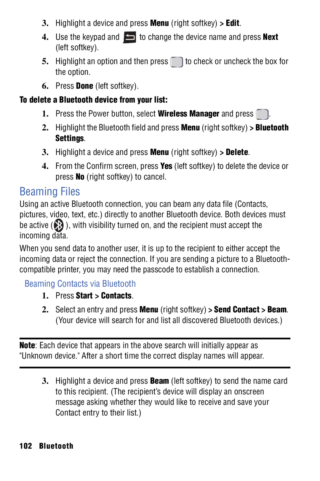 Samsung SPH-I325 manual Beaming Files, Beaming Contacts via Bluetooth, To delete a Bluetooth device from your list 