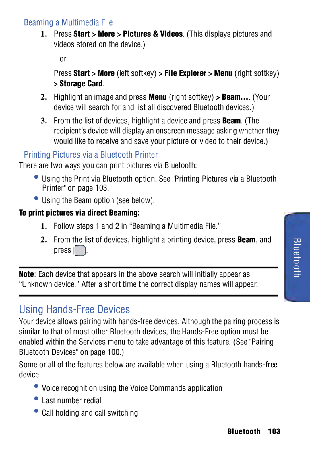 Samsung SPH-I325 manual Using Hands-Free Devices, Beaming a Multimedia File, Printing Pictures via a Bluetooth Printer 