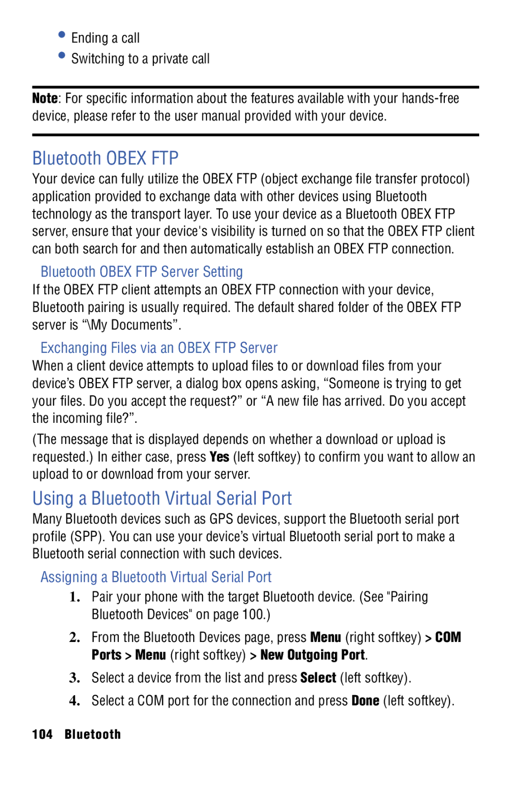 Samsung SPH-I325 manual Using a Bluetooth Virtual Serial Port, Bluetooth Obex FTP Server Setting 