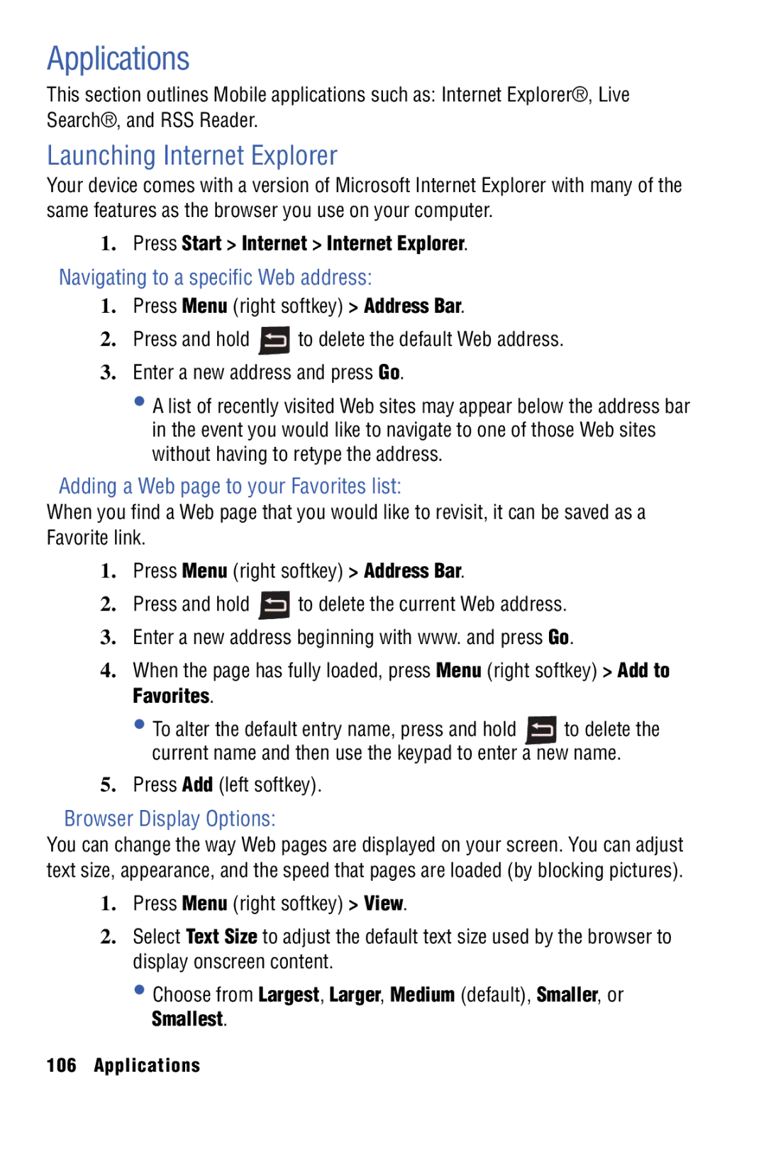 Samsung SPH-I325 Applications, Launching Internet Explorer, Navigating to a specific Web address, Browser Display Options 