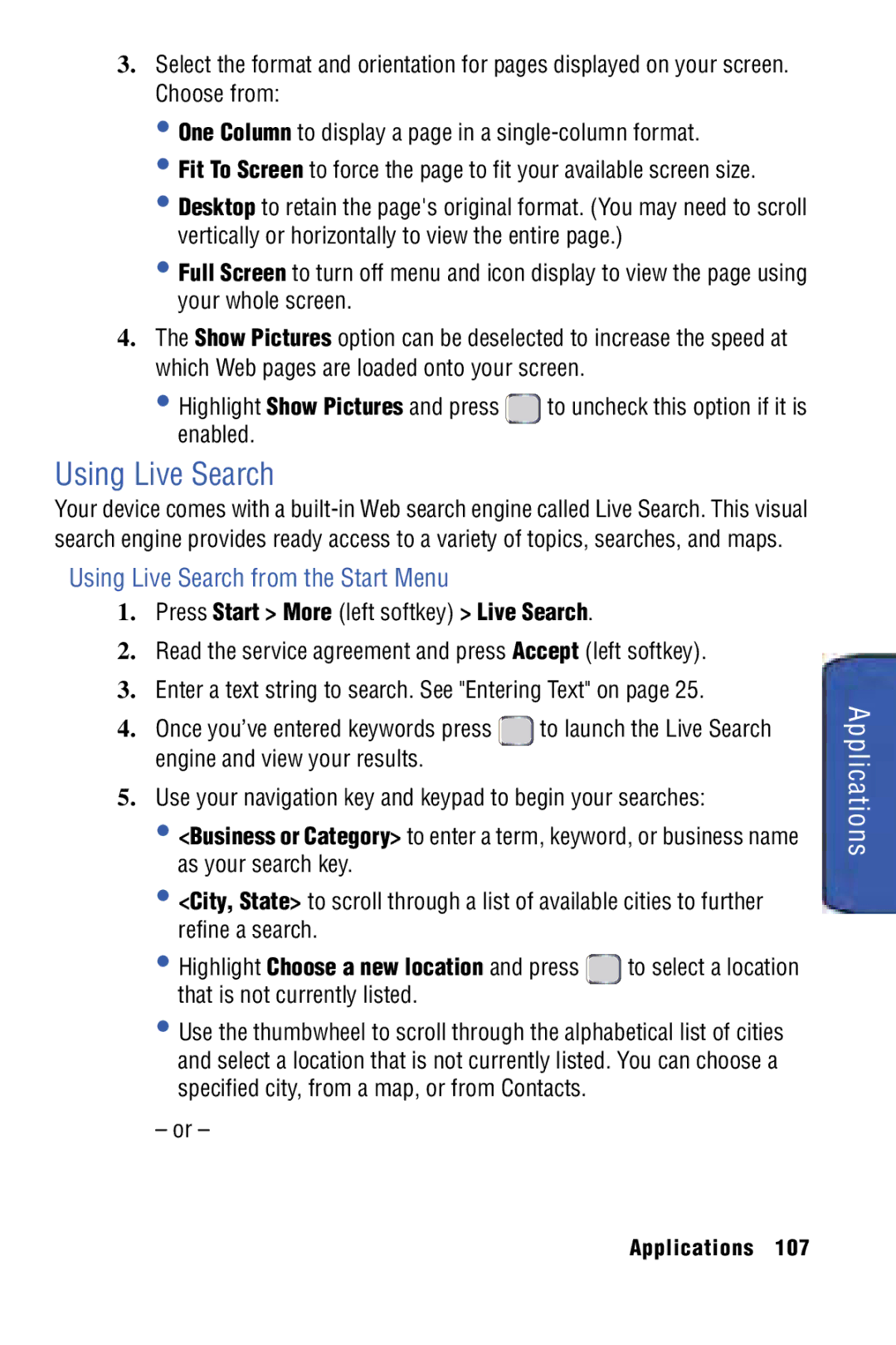 Samsung SPH-I325 manual Applications, Using Live Search from the Start Menu, Press Start More left softkey Live Search 