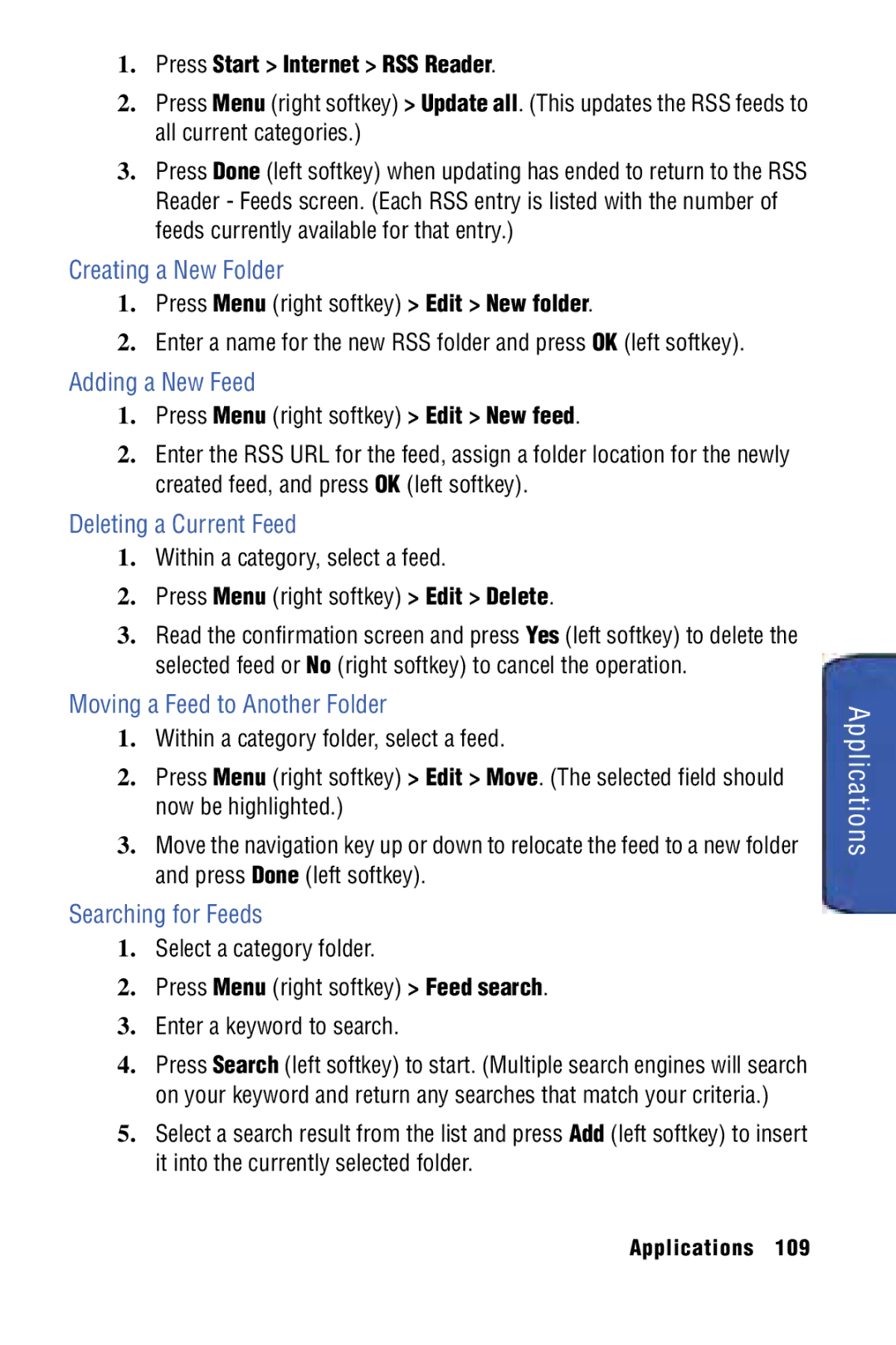 Samsung SPH-I325 manual Creating a New Folder, Adding a New Feed, Deleting a Current Feed, Moving a Feed to Another Folder 