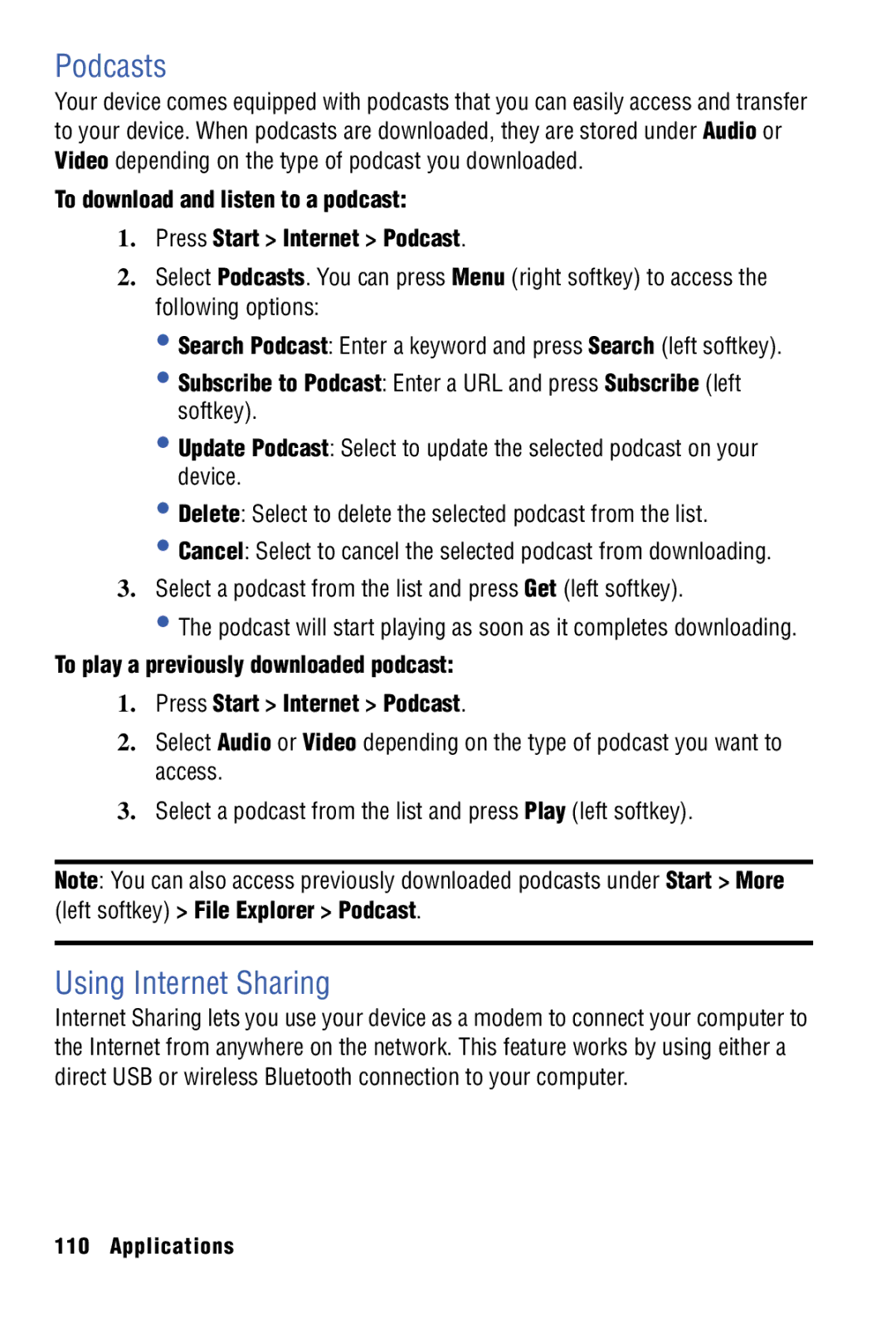 Samsung SPH-I325 manual Podcasts, Using Internet Sharing 