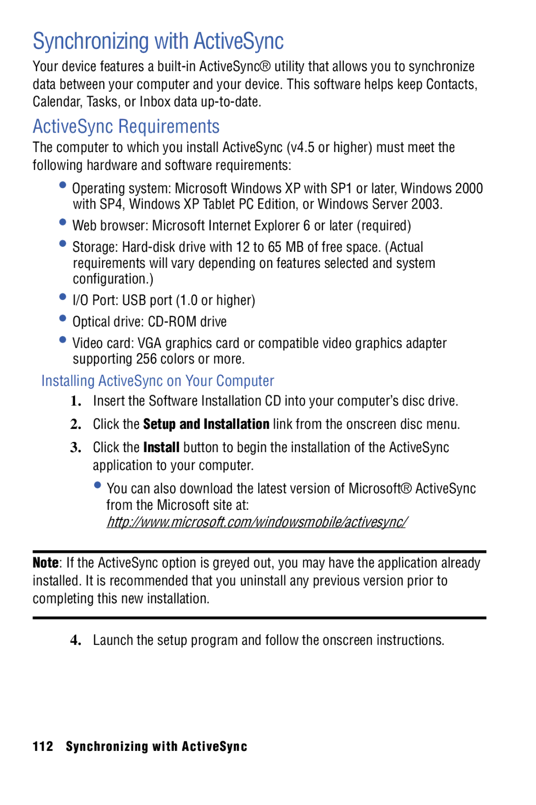 Samsung SPH-I325 manual Synchronizing with ActiveSync, ActiveSync Requirements, Installing ActiveSync on Your Computer 