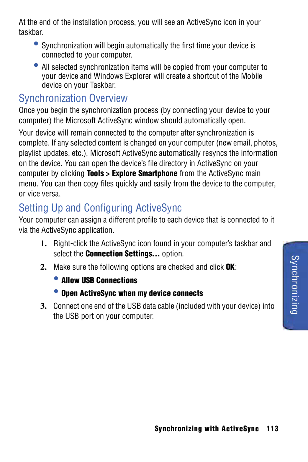 Samsung SPH-I325 manual Synchronization Overview, Setting Up and Configuring ActiveSync, Synchronizing 