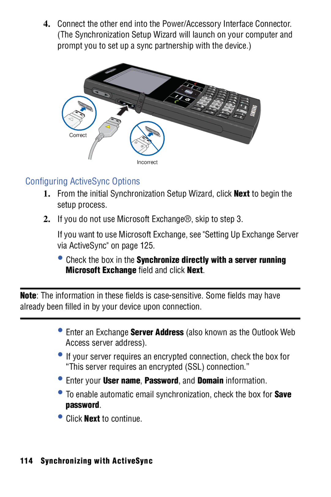 Samsung SPH-I325 manual Configuring ActiveSync Options 