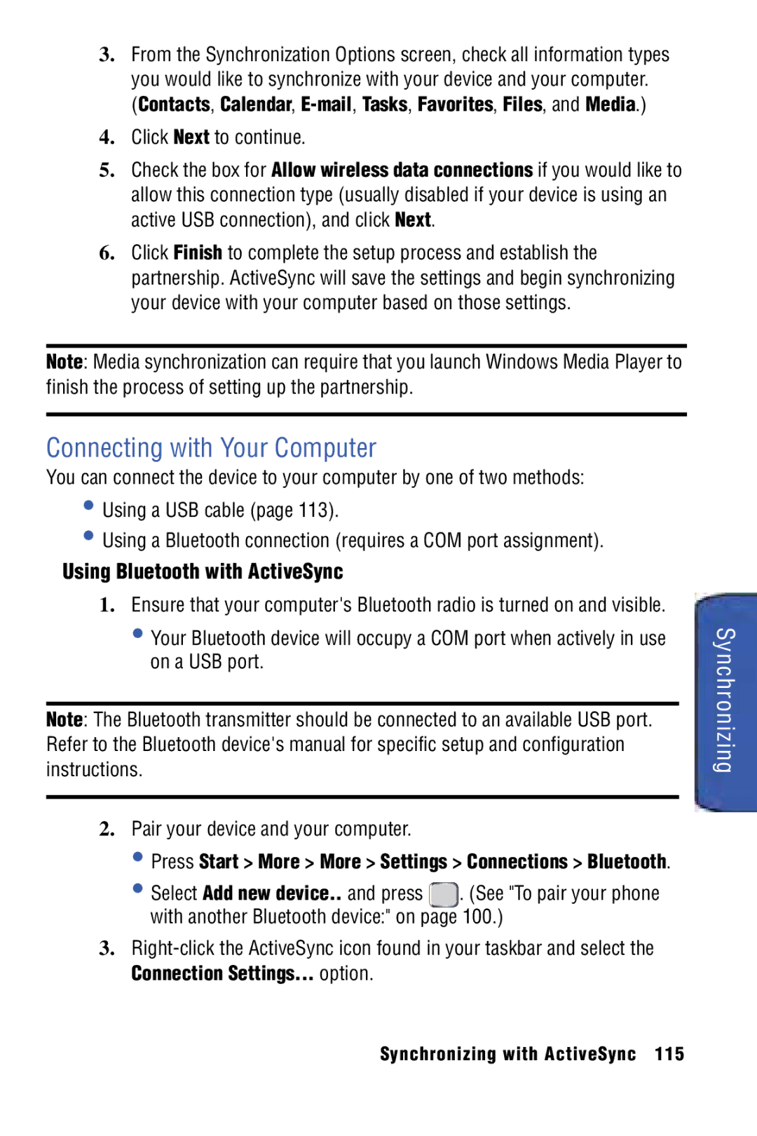 Samsung SPH-I325 manual Connecting with Your Computer, Using Bluetooth with ActiveSync 