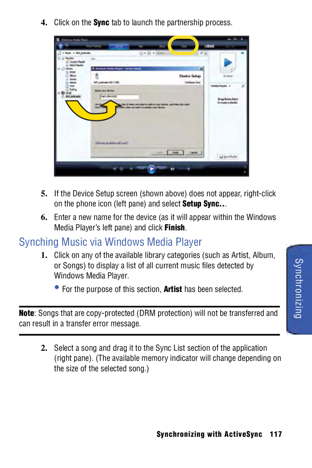 Samsung SPH-I325 manual Synching Music via Windows Media Player, Click on the Sync tab to launch the partnership process 