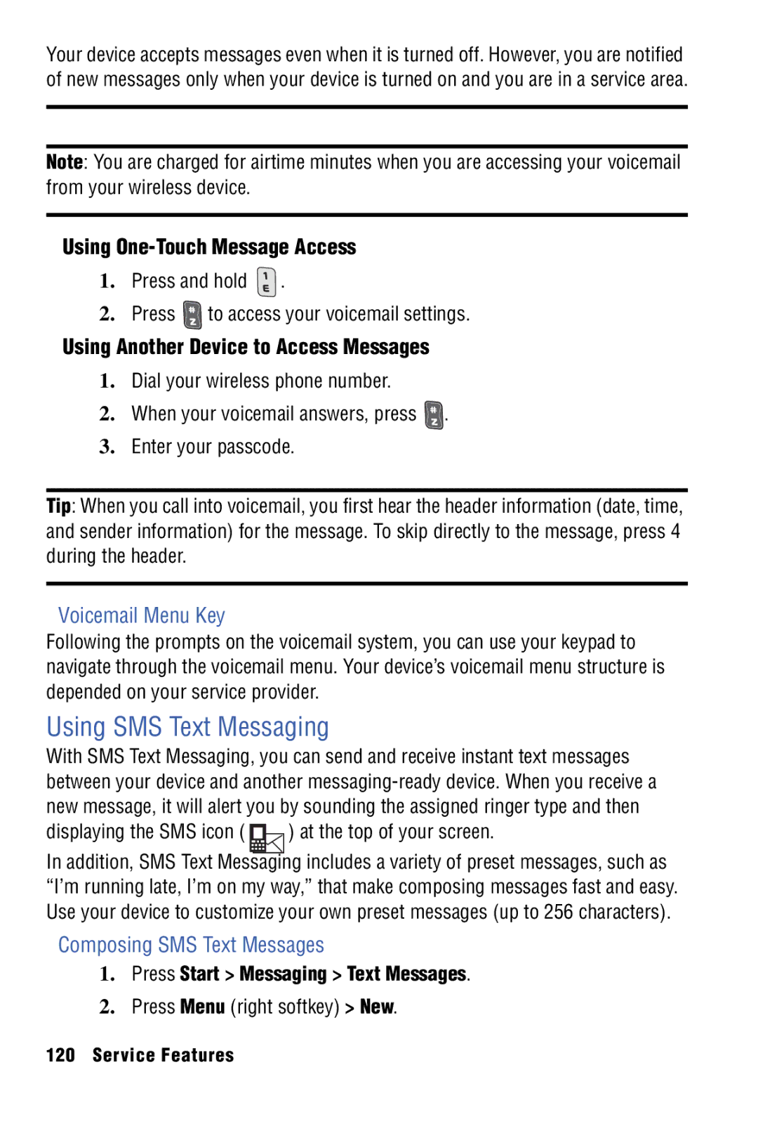 Samsung SPH-I325 manual Using SMS Text Messaging, Using One-Touch Message Access, Using Another Device to Access Messages 