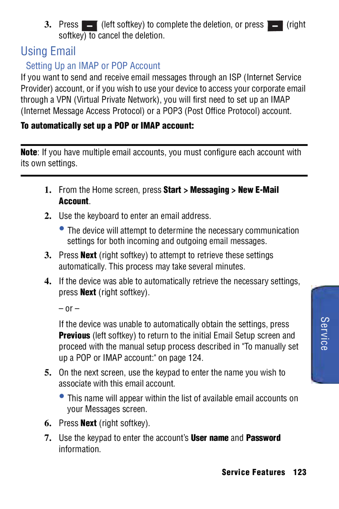 Samsung SPH-I325 manual Using Email, Setting Up an Imap or POP Account, To automatically set up a POP or Imap account 