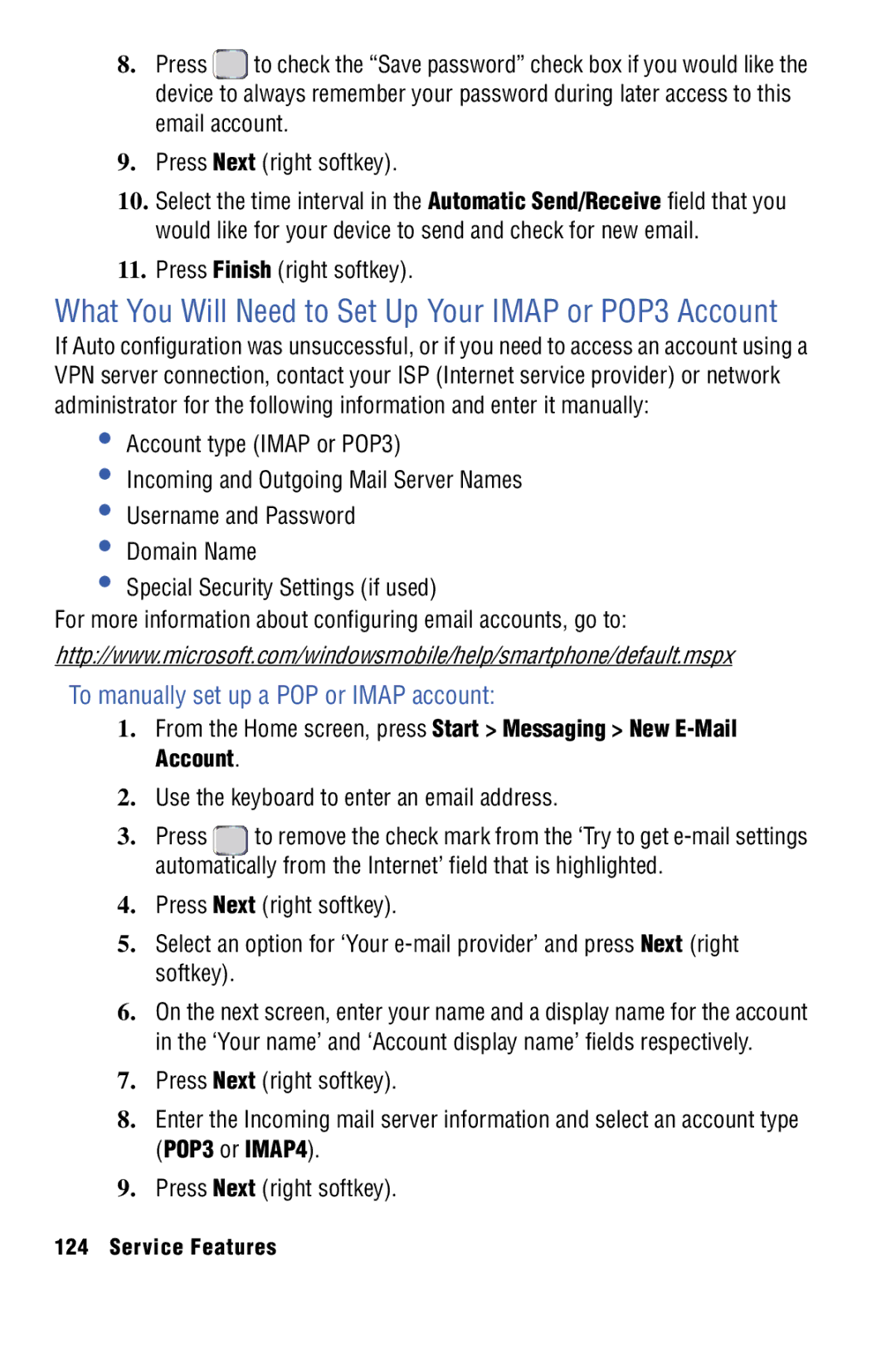 Samsung SPH-I325 What You Will Need to Set Up Your Imap or POP3 Account, To manually set up a POP or Imap account 