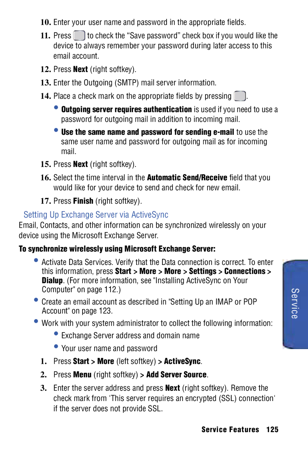 Samsung SPH-I325 Setting Up Exchange Server via ActiveSync, To synchronize wirelessly using Microsoft Exchange Server 