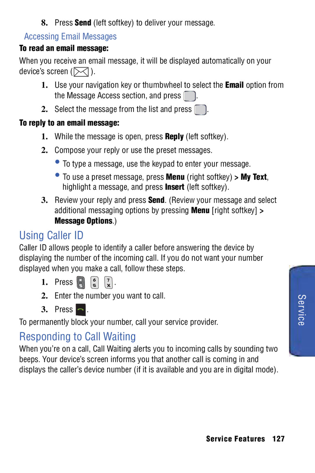 Samsung SPH-I325 manual Using Caller ID, Responding to Call Waiting, Accessing Email Messages, To read an email message 