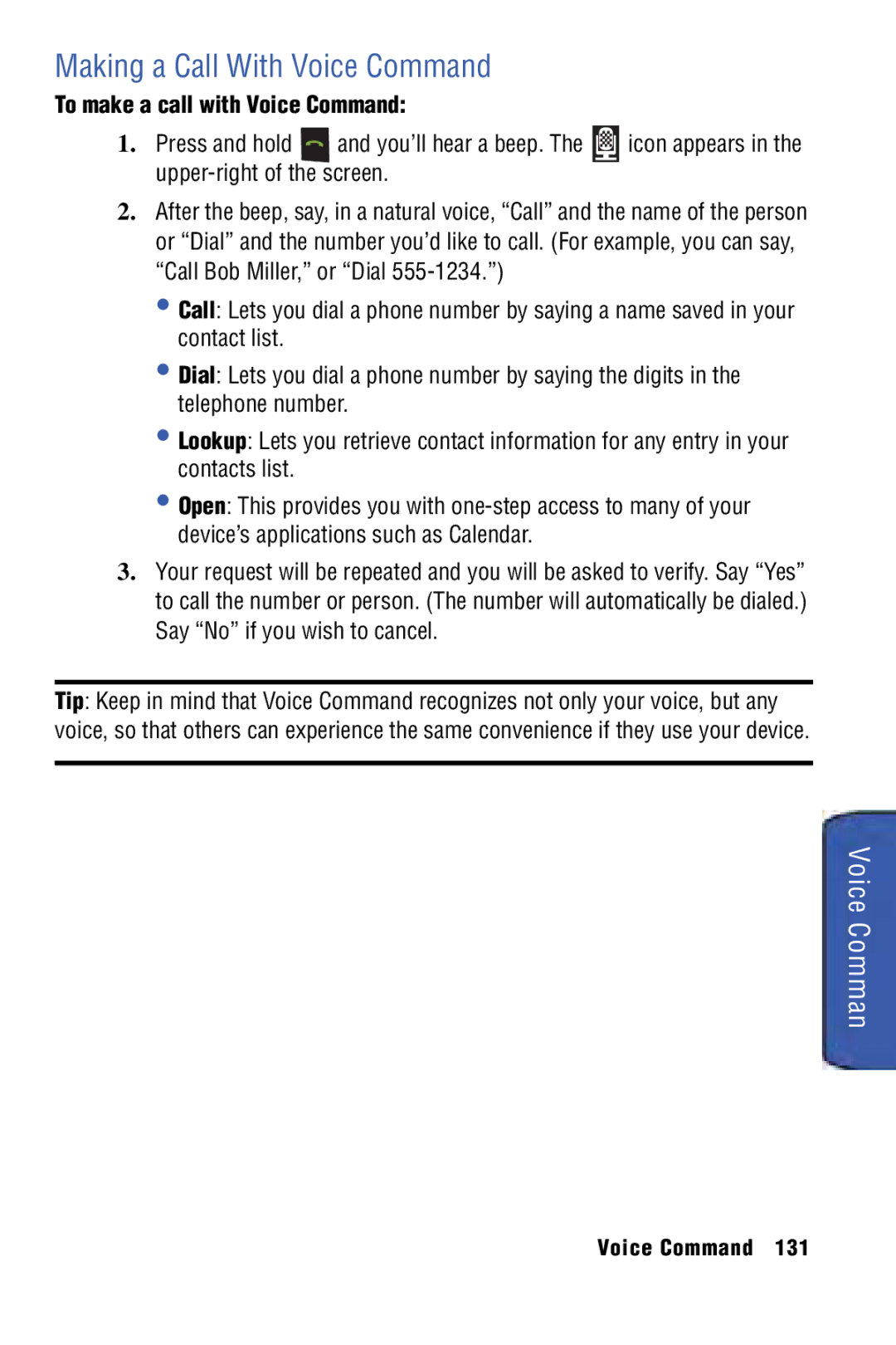 Samsung SPH-I325 manual Making a Call With Voice Command, To make a call with Voice Command 