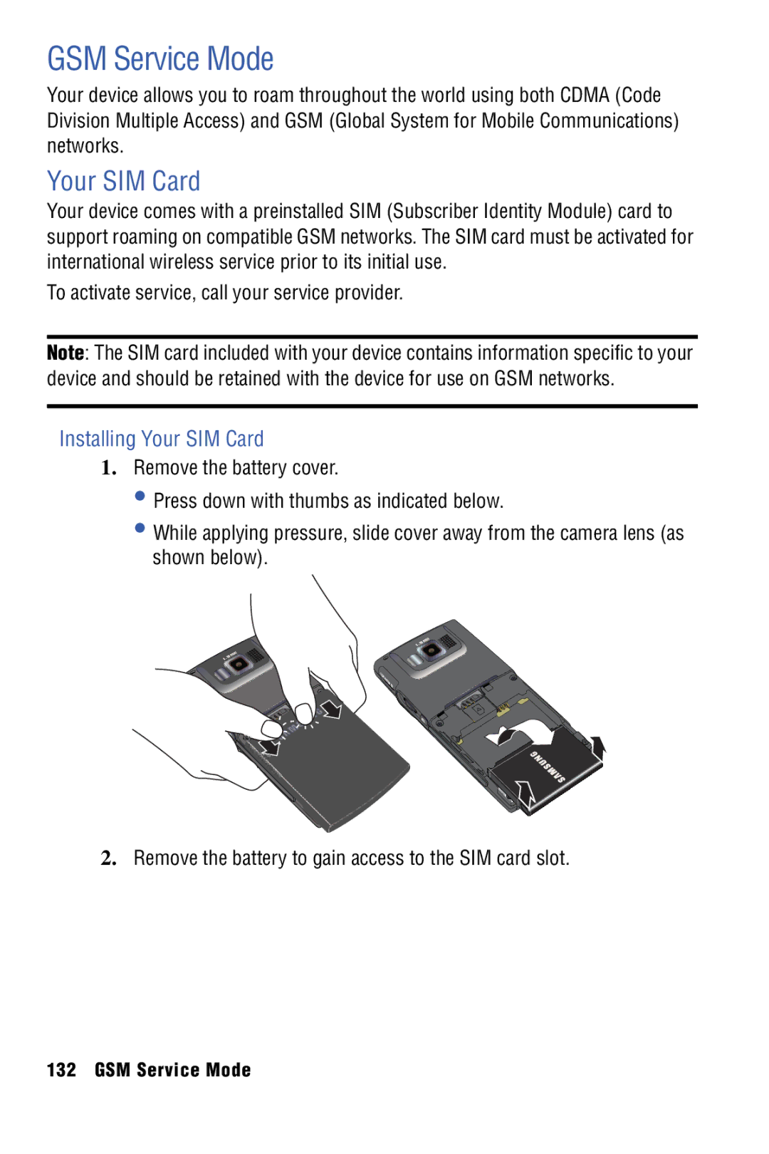 Samsung SPH-I325 manual GSM Service Mode, Installing Your SIM Card, To activate service, call your service provider 