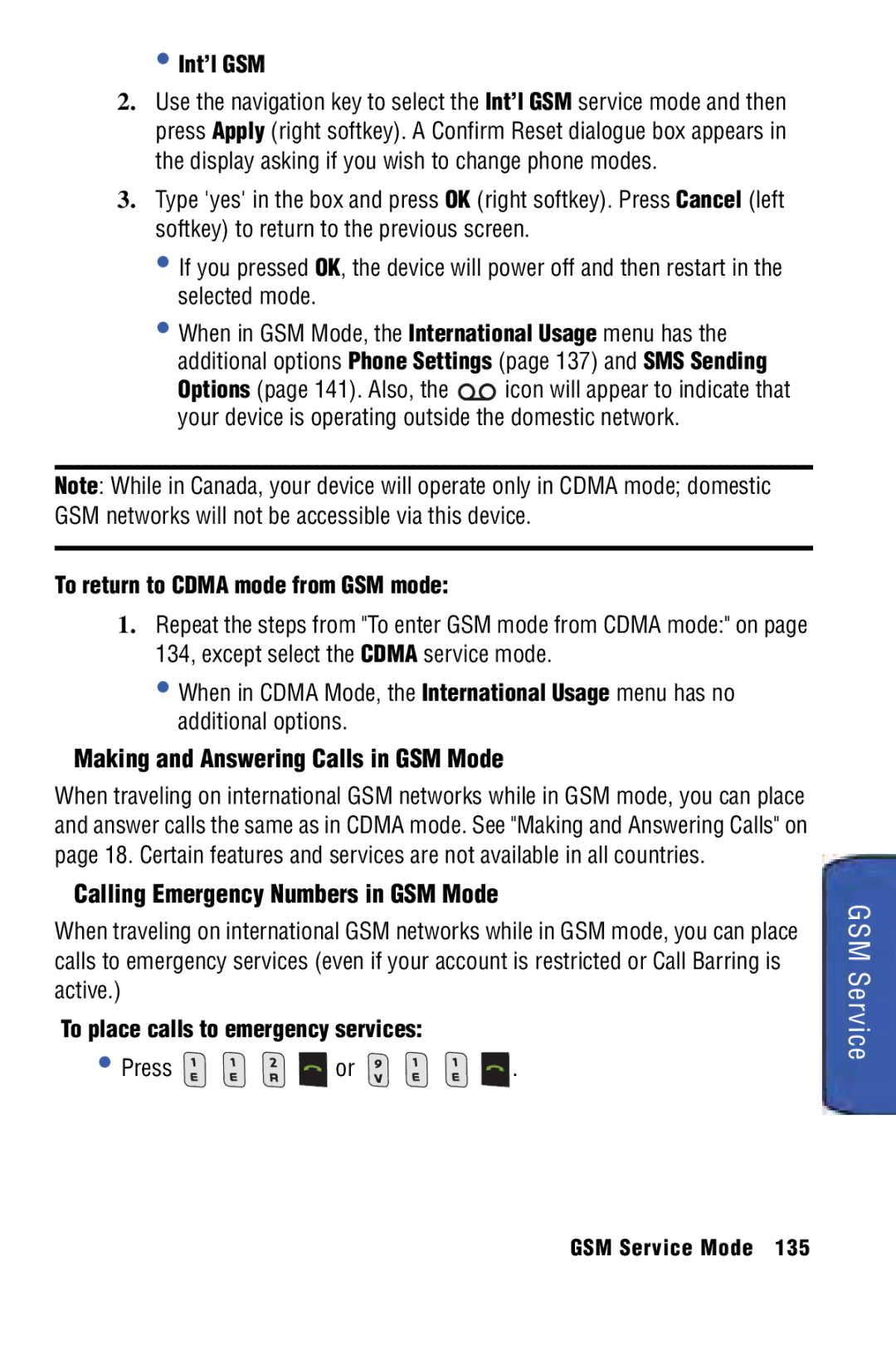 Samsung SPH-I325 manual Making and Answering Calls in GSM Mode, Calling Emergency Numbers in GSM Mode, Int’l GSM 