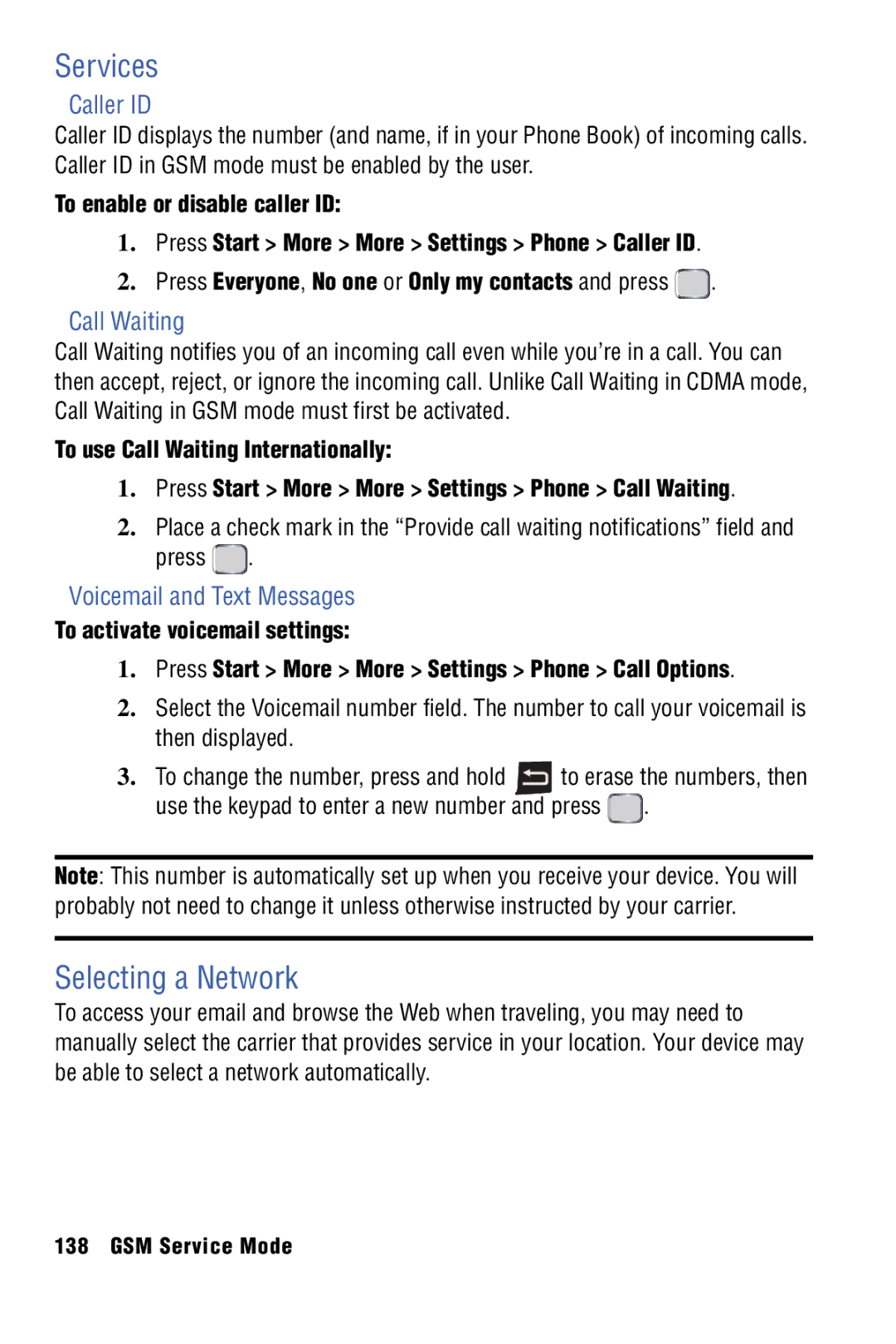 Samsung SPH-I325 manual Services, Selecting a Network, Caller ID, Call Waiting, Voicemail and Text Messages 