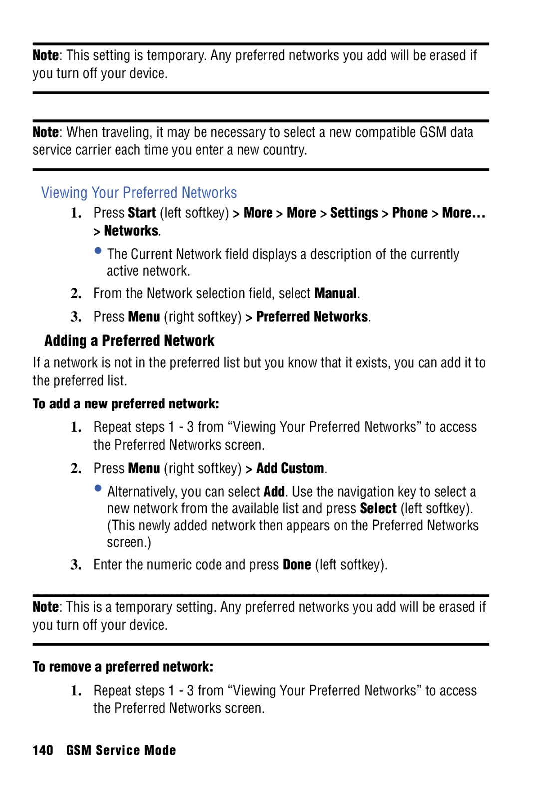 Samsung SPH-I325 Viewing Your Preferred Networks, Adding a Preferred Network, Press Menu right softkey Preferred Networks 