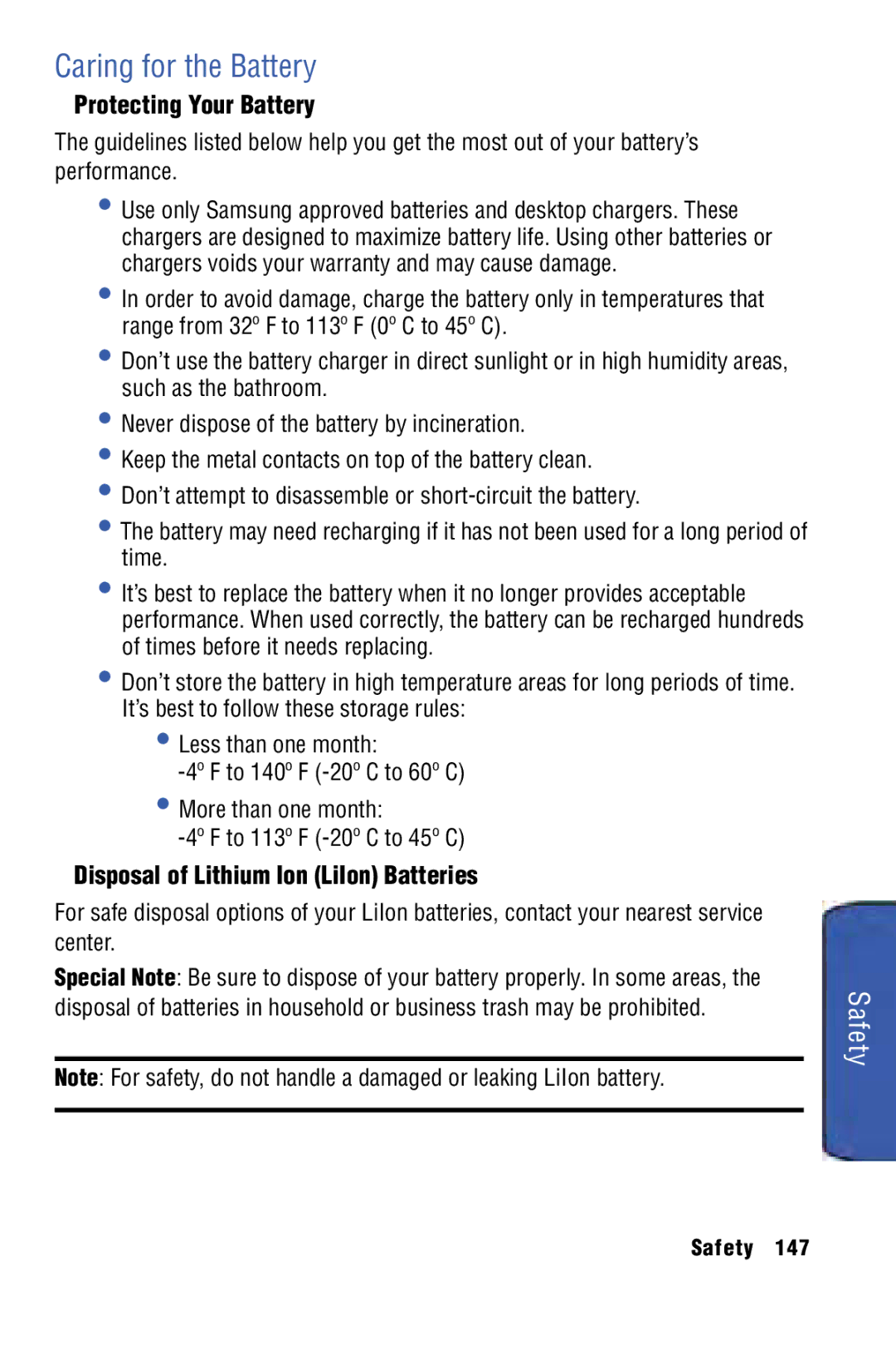 Samsung SPH-I325 manual Caring for the Battery, Protecting Your Battery, Disposal of Lithium Ion LiIon Batteries 