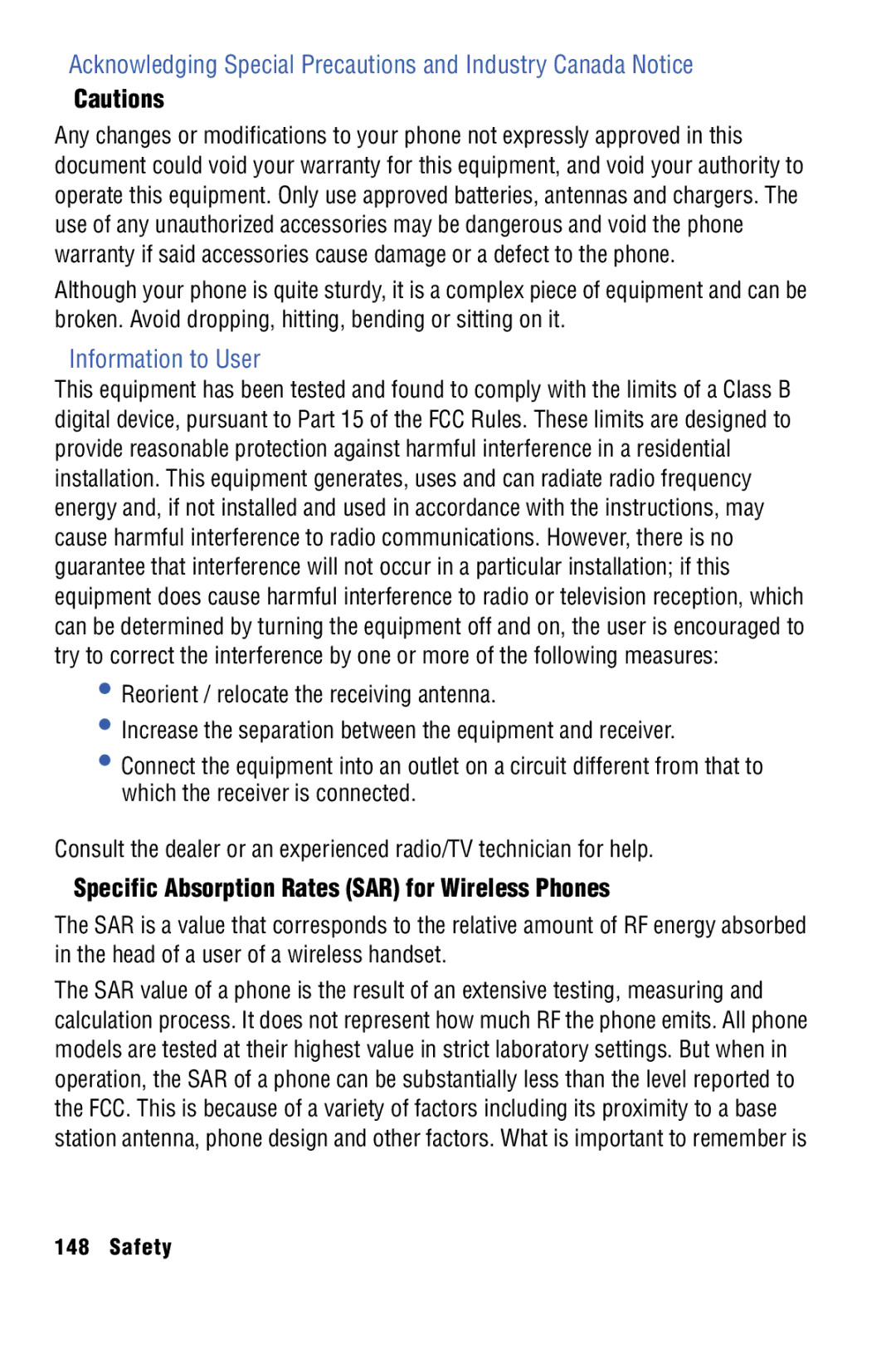 Samsung SPH-I325 manual Information to User, Specific Absorption Rates SAR for Wireless Phones 