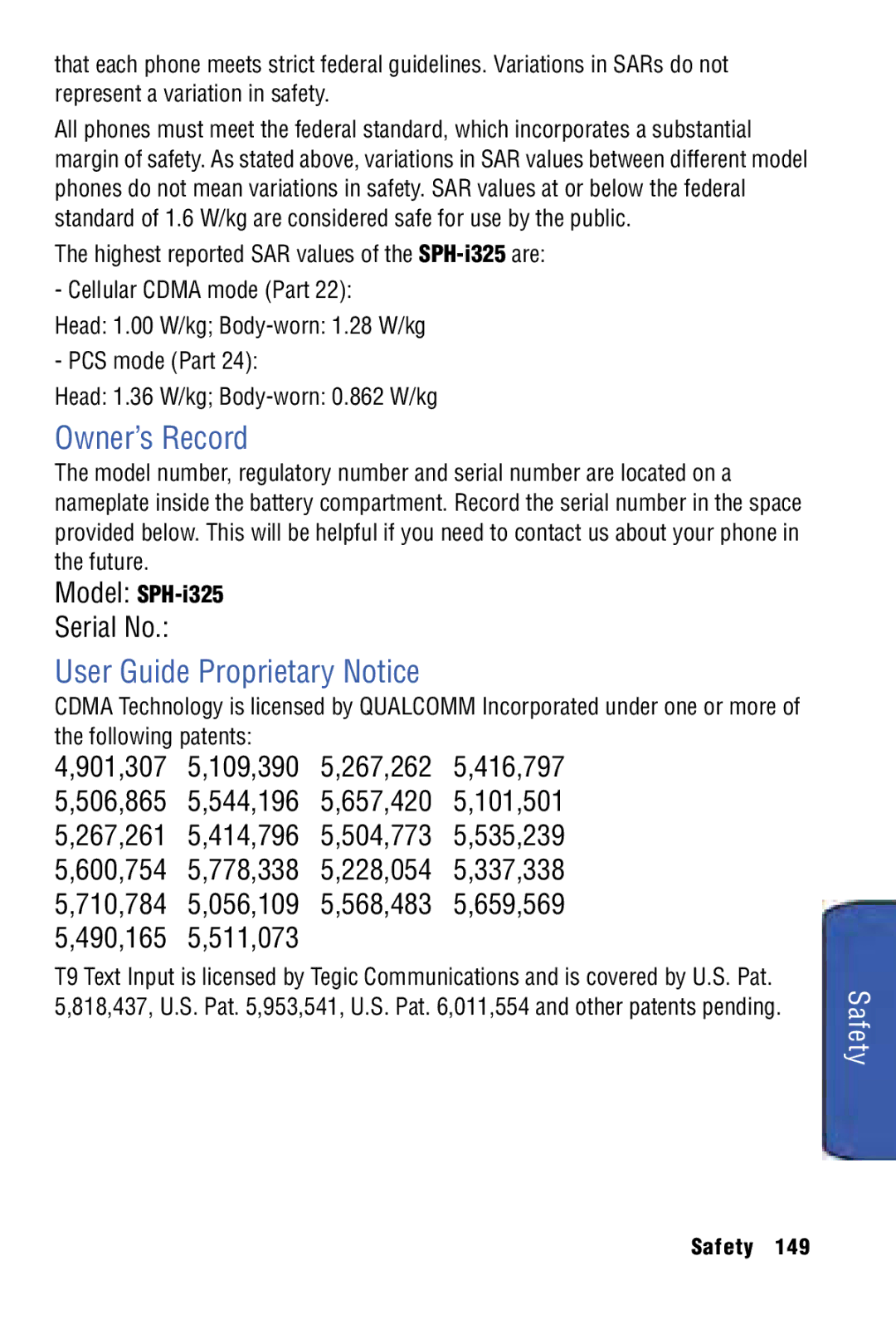 Samsung SPH-I325 manual Owner’s Record, User Guide Proprietary Notice, Model SPH-i325, Following patents 