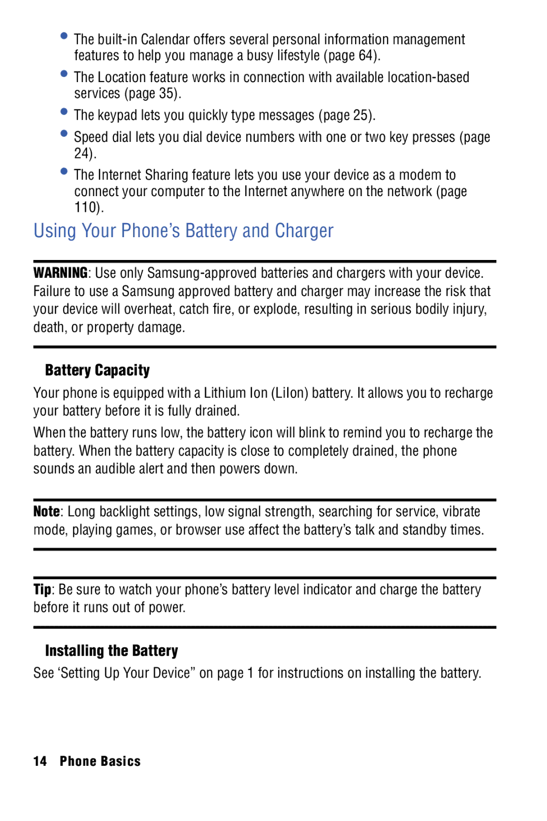 Samsung SPH-I325 manual Using Your Phone’s Battery and Charger, Battery Capacity, Installing the Battery 