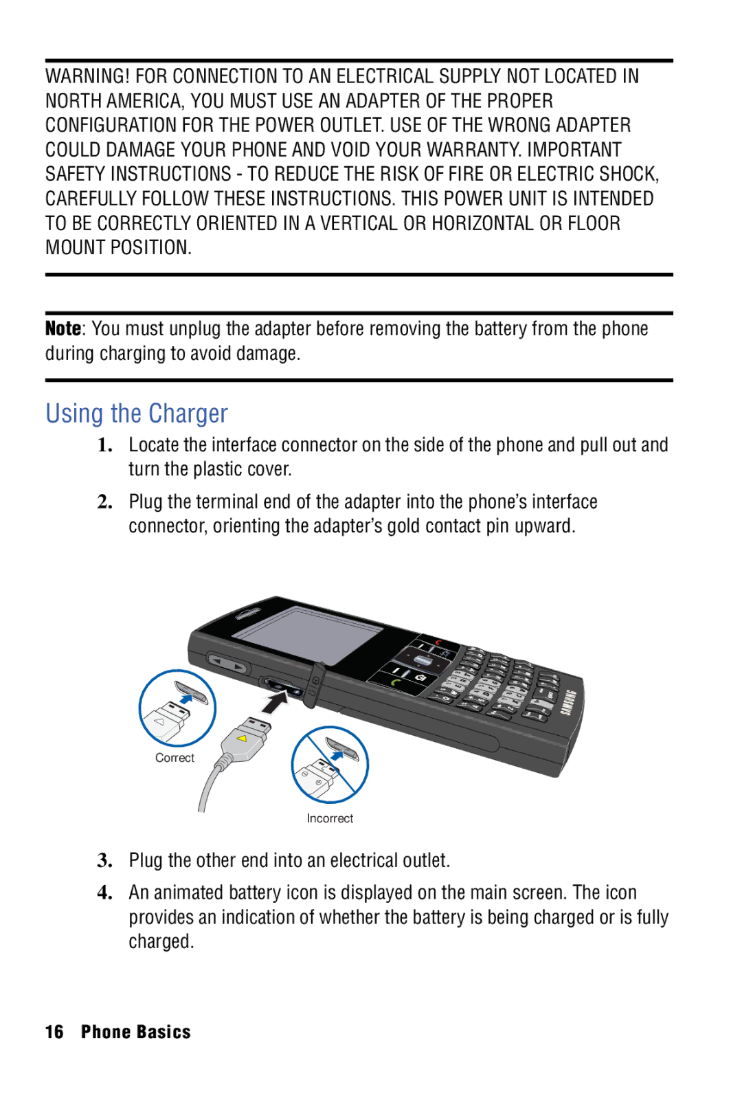 Samsung SPH-I325 manual Using the Charger 