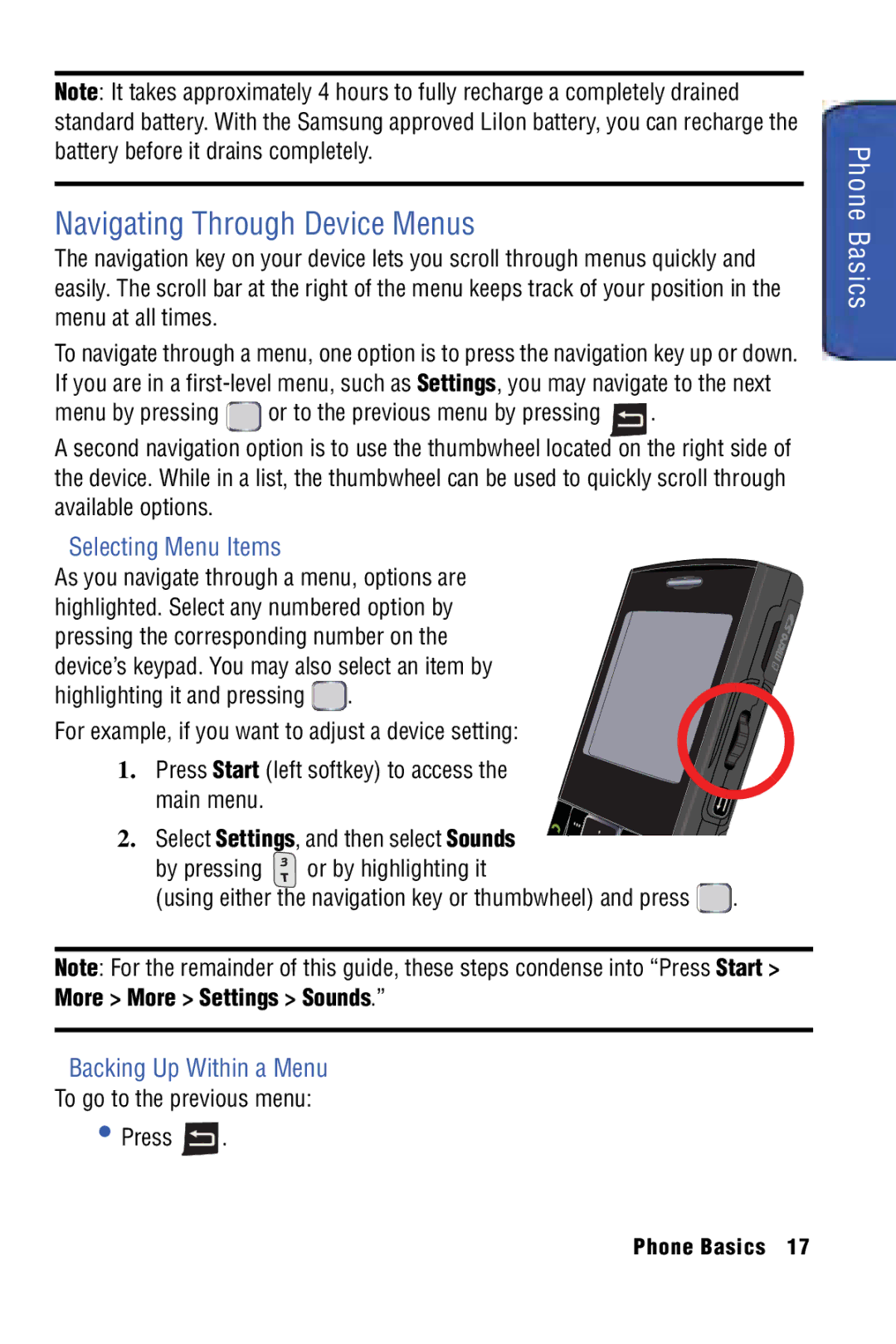 Samsung SPH-I325 manual Navigating Through Device Menus, Selecting Menu Items, Backing Up Within a Menu 