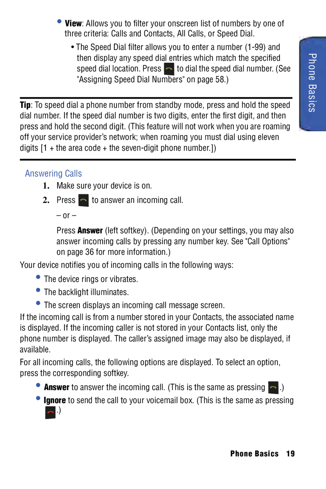 Samsung SPH-I325 manual Answering Calls, Three criteria Calls and Contacts, All Calls, or Speed Dial 