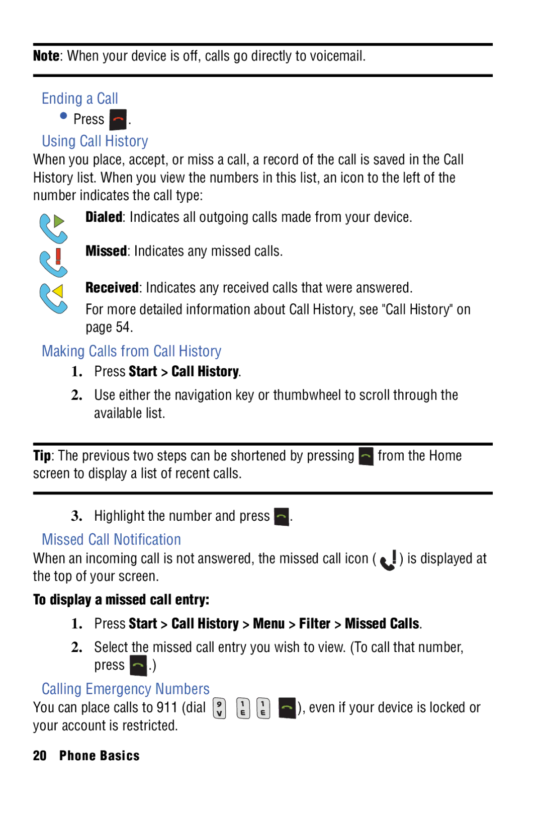 Samsung SPH-I325 manual Ending a Call, Using Call History, Making Calls from Call History, Missed Call Notification 