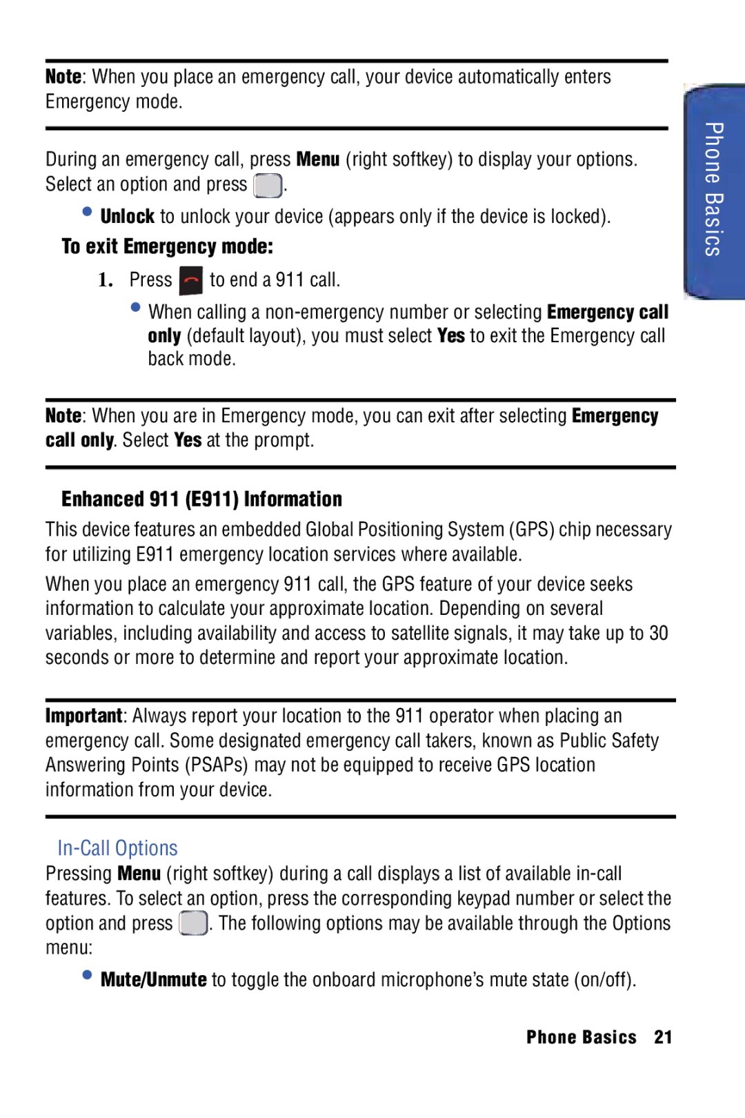 Samsung SPH-I325 manual To exit Emergency mode, Enhanced 911 E911 Information, In-Call Options 