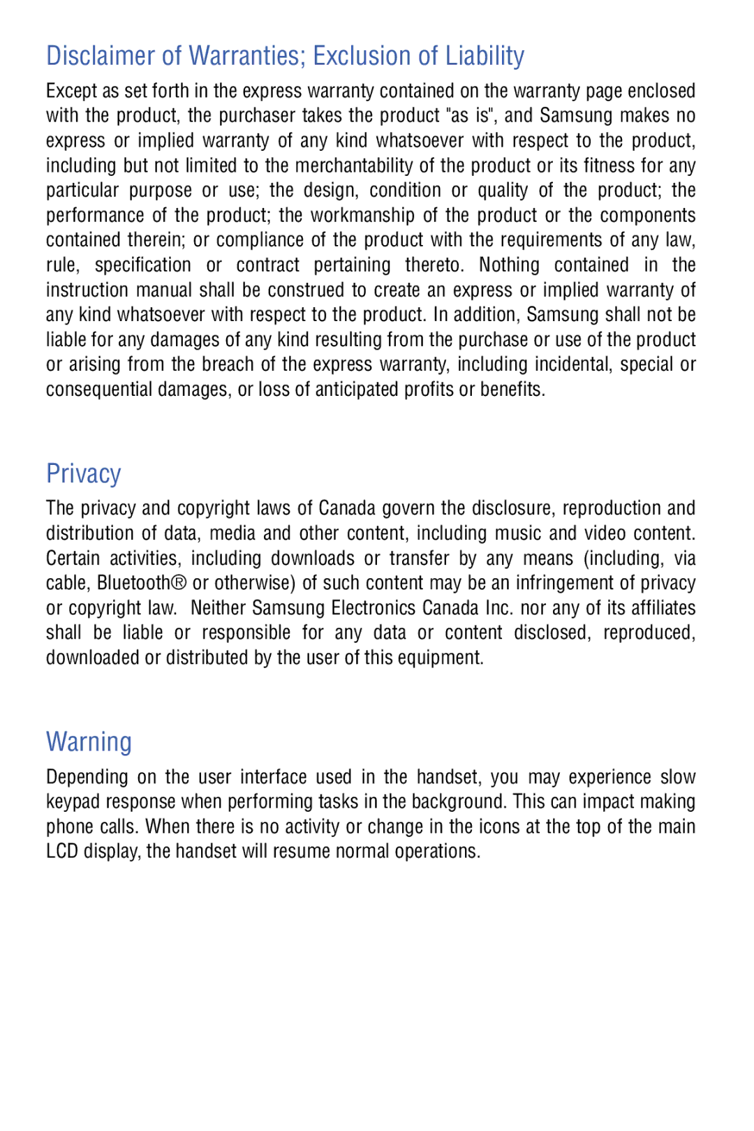 Samsung SPH-I325 manual Disclaimer of Warranties Exclusion of Liability Privacy 