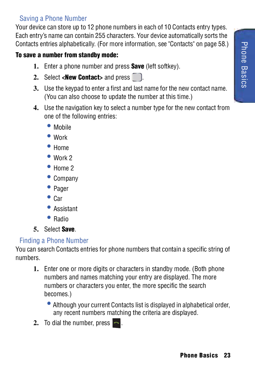 Samsung SPH-I325 manual Saving a Phone Number, Finding a Phone Number, To save a number from standby mode 