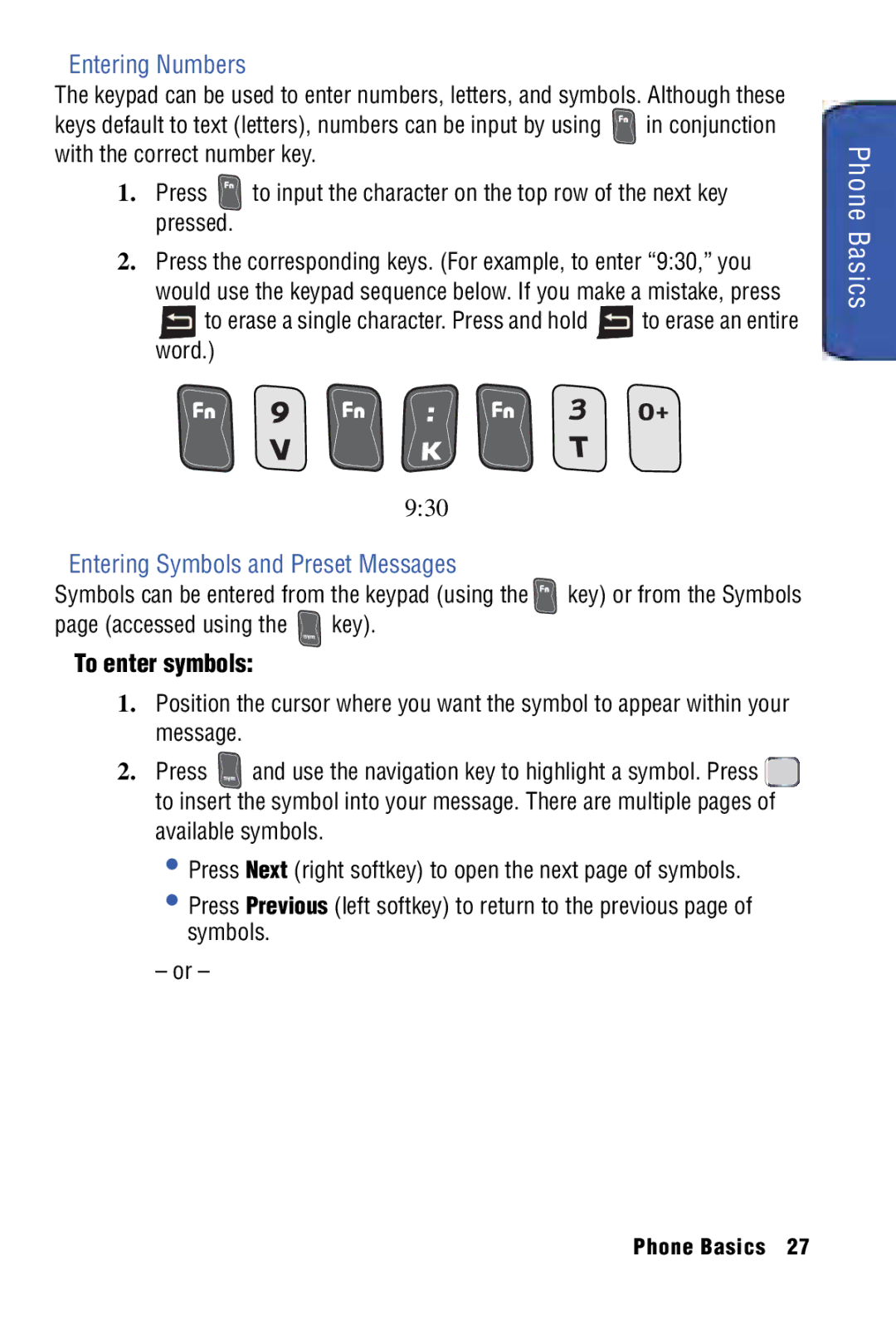 Samsung SPH-I325 manual Entering Numbers, Entering Symbols and Preset Messages, To enter symbols, Accessed using the key 