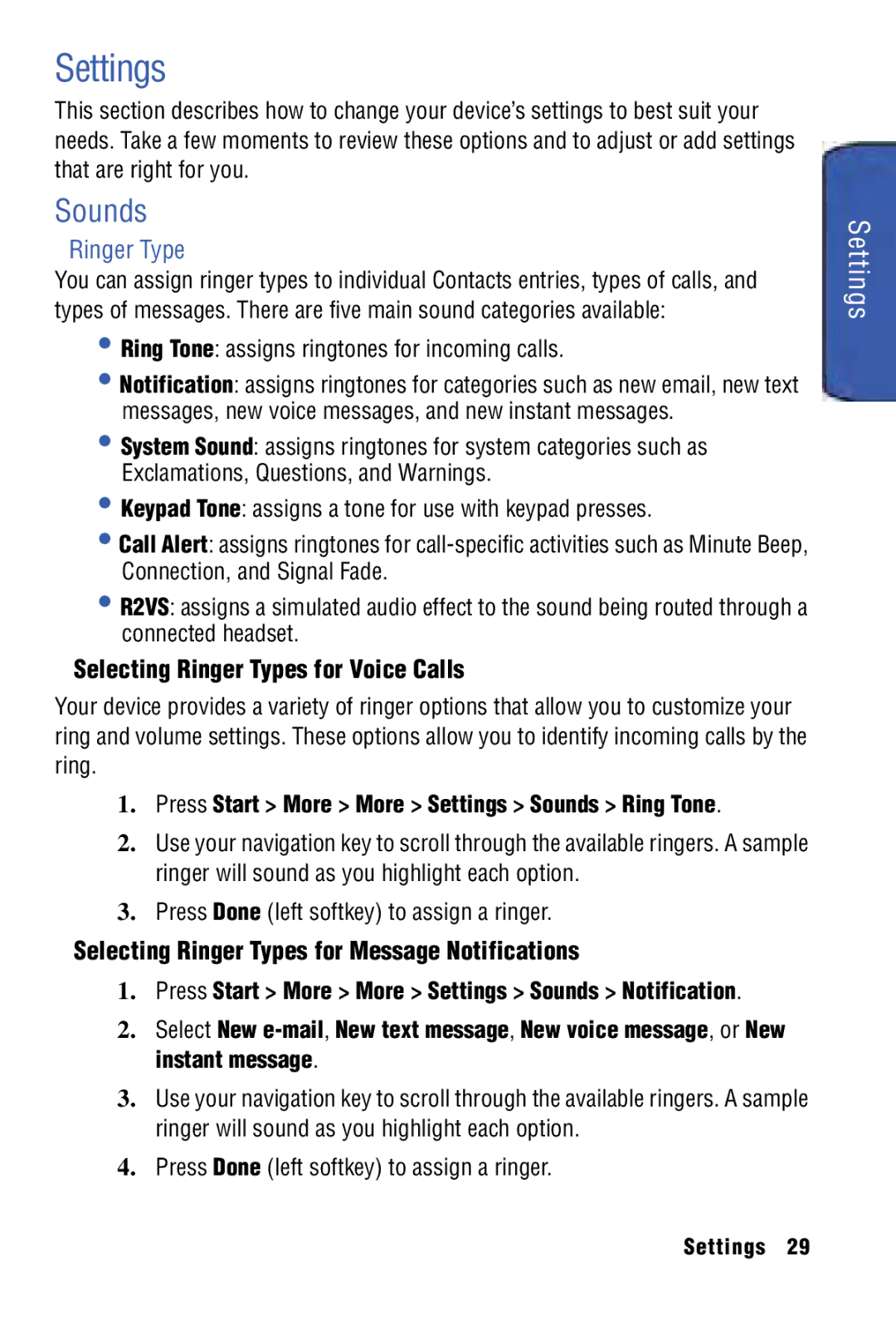 Samsung SPH-I325 manual Settings, Sounds, Selecting Ringer Types for Voice Calls 