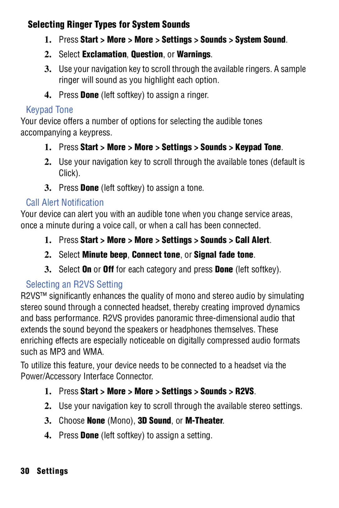 Samsung SPH-I325 Selecting Ringer Types for System Sounds, Keypad Tone, Call Alert Notification, Selecting an R2VS Setting 